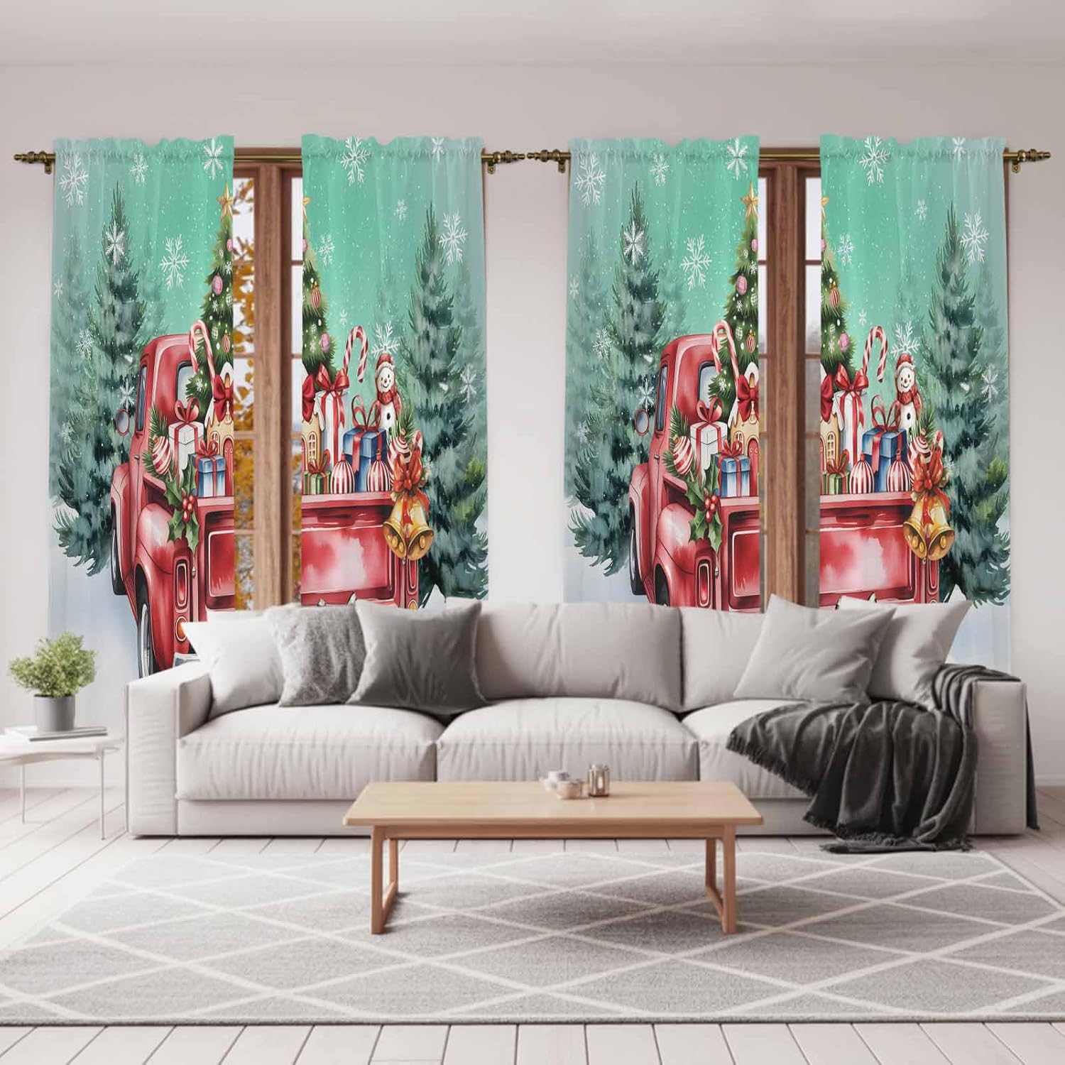 Christmas Teal Green Window Curtains 72 Inch Long 2 Panel Set,Rod Pocket Long Curtains & Drapes,Winter Xmas Tree Red Truck Snowflakes Window Treatment for Bedroom Living Room 52"W x 72"L