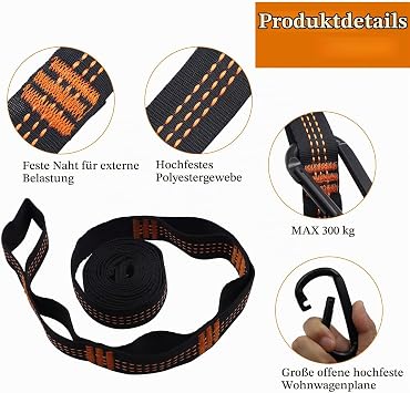 CONNECTION Pack of 2 Hammock Attachment 2 m x 2.5 cm Rope for Hammock 300 kg Hammock Suspension Straps with 2 Hook Carabiners for Hanging Chair Camping Outdoor Hiking Swing Hammock Accessories