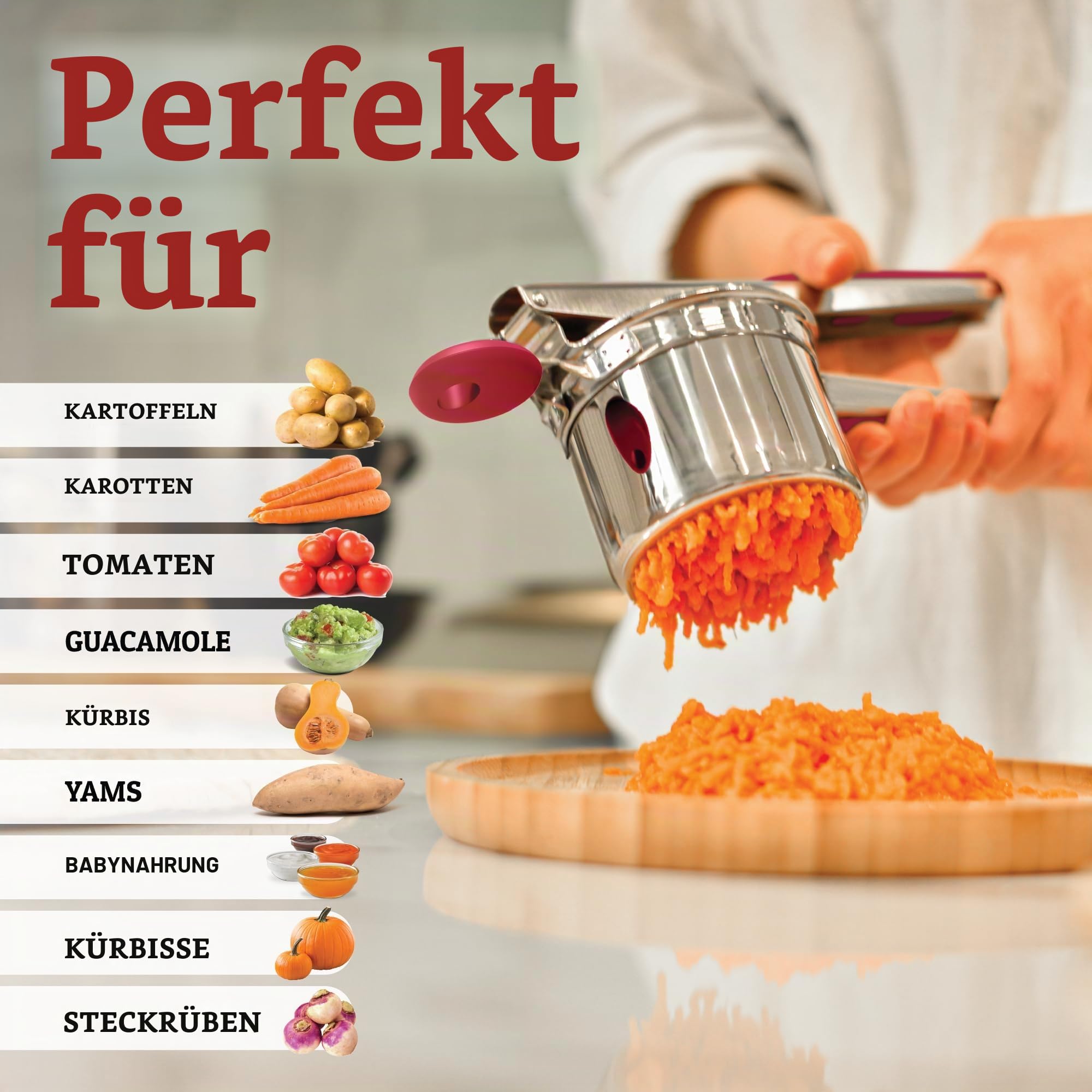 PriorityChef Große Kartoffelpresse mit 3 Scheiben, robuste Edelstahl-Kartoffelpresse für Kartoffelpüree, Kartoffelstampfer, Presse und Presse, Küchenwerkzeug, Rot