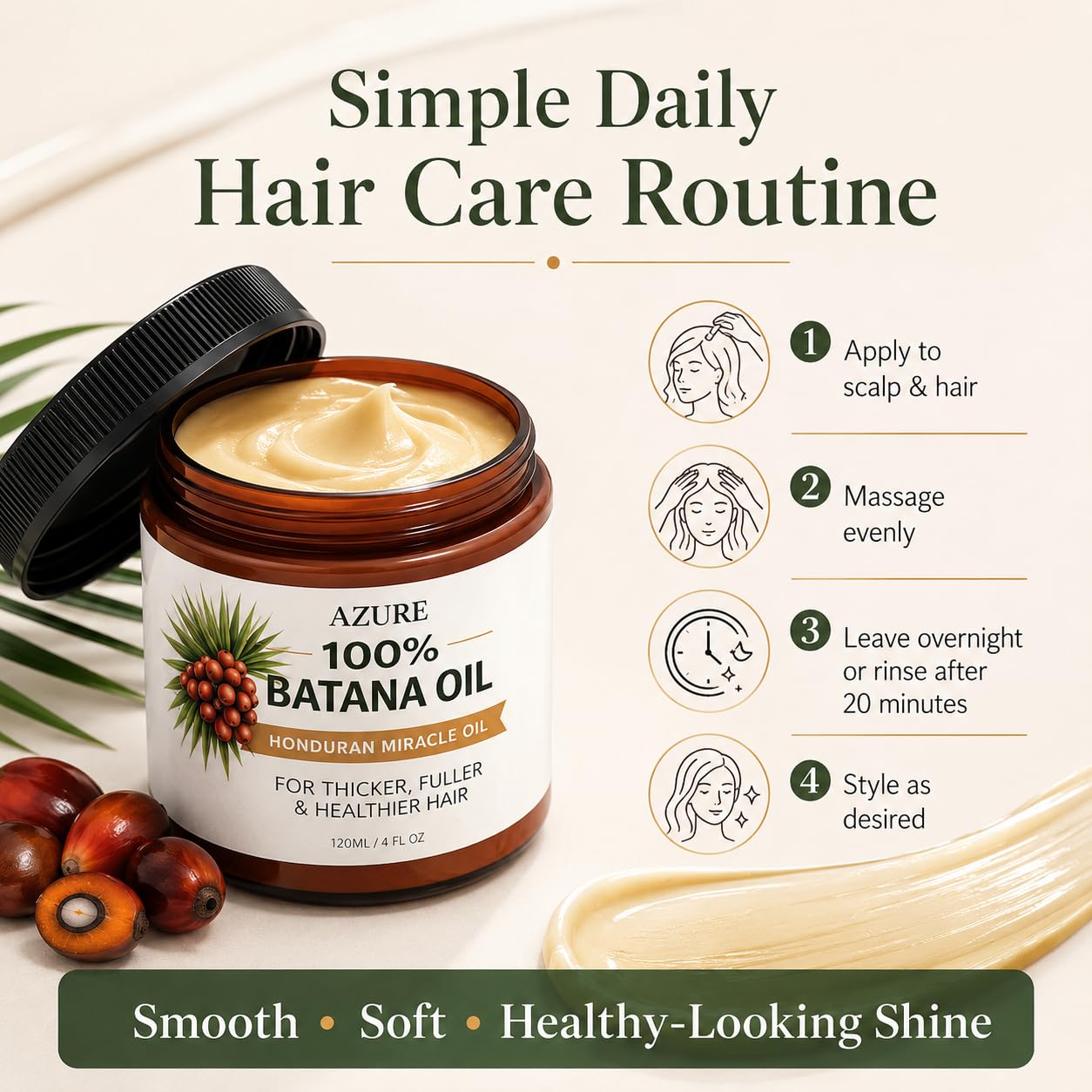 Azure Batana Oil for Hair Growth Naturally Inspired Deep Moisture Hair Treatment for Dry Damaged Hair, Shine, Softness & Scalp Nourishment for All Hair Types, 4 Fl Oz