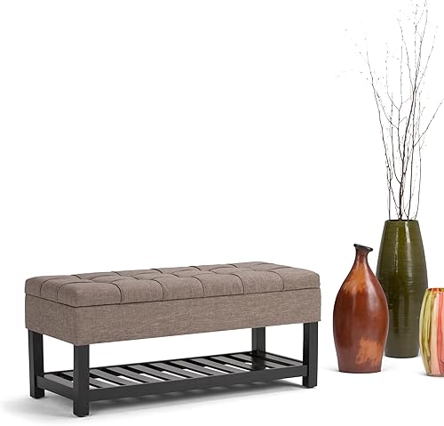 Miniatura 22 de SIMPLIHOME Saxon - Banco otomano rectangular de transición de 43 pulgadas de ancho en tela de aspecto de lino gris paloma, montado para la sala de