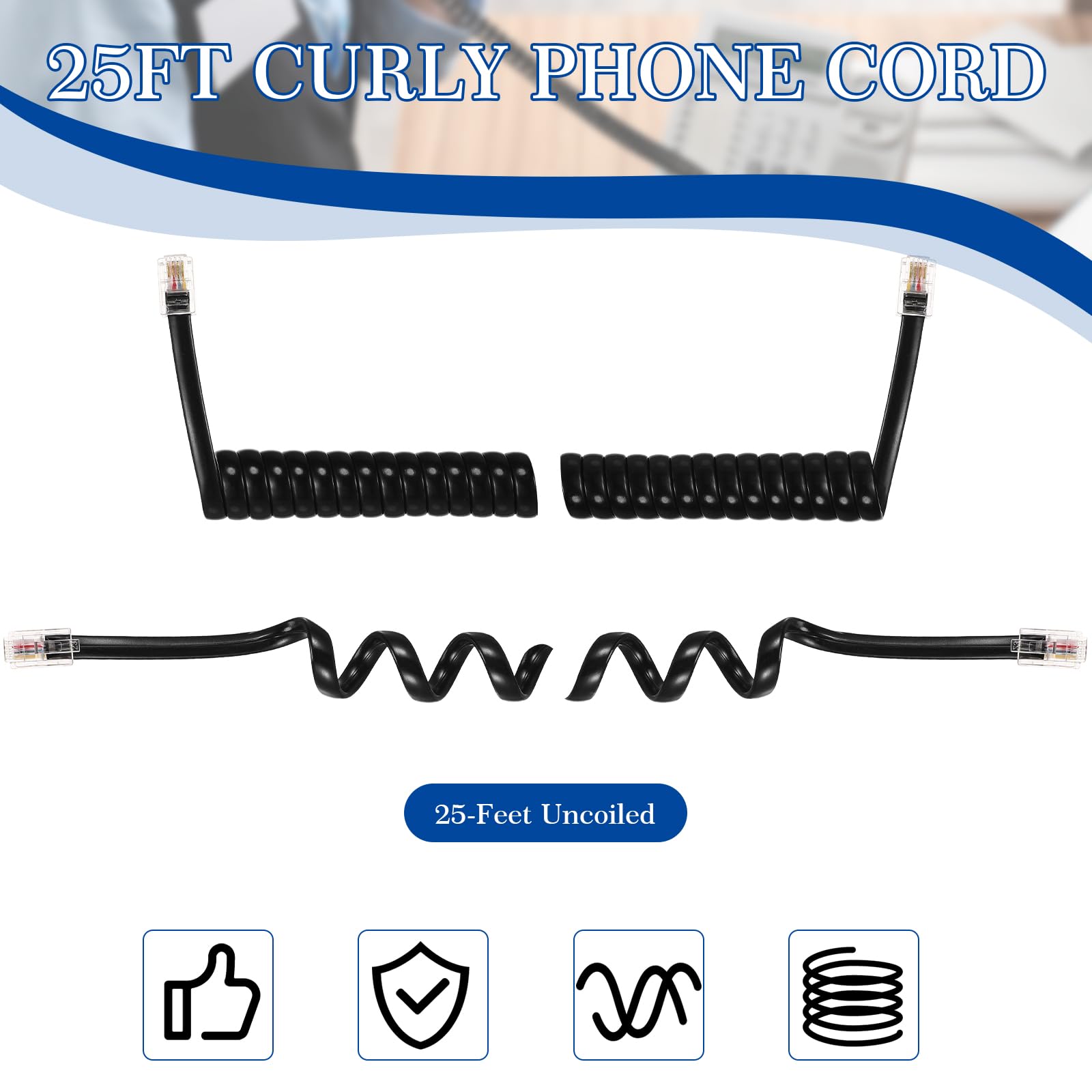 Kanayu Confezione da 20 cavi telefonici neri per telefono fisso a spirale, per uso con tutti i telefoni fissi con cavo, cavo di ricambio per linea telefonica (7,6 m)