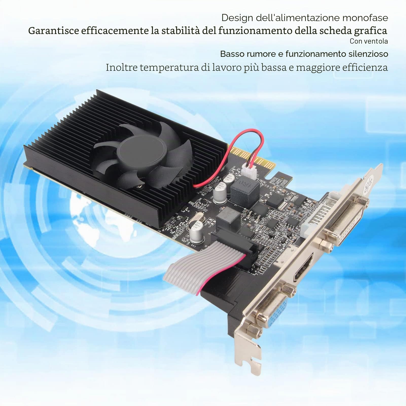 Scheda Grafica GT210, Scheda Grafica da Gioco DDR3 da 1 GB a 64 Bit con Ventola di Raffreddamento Silenziosa, Supporto Interfaccia VGA DVI HDMI, Scheda Video Desktop PCI Express