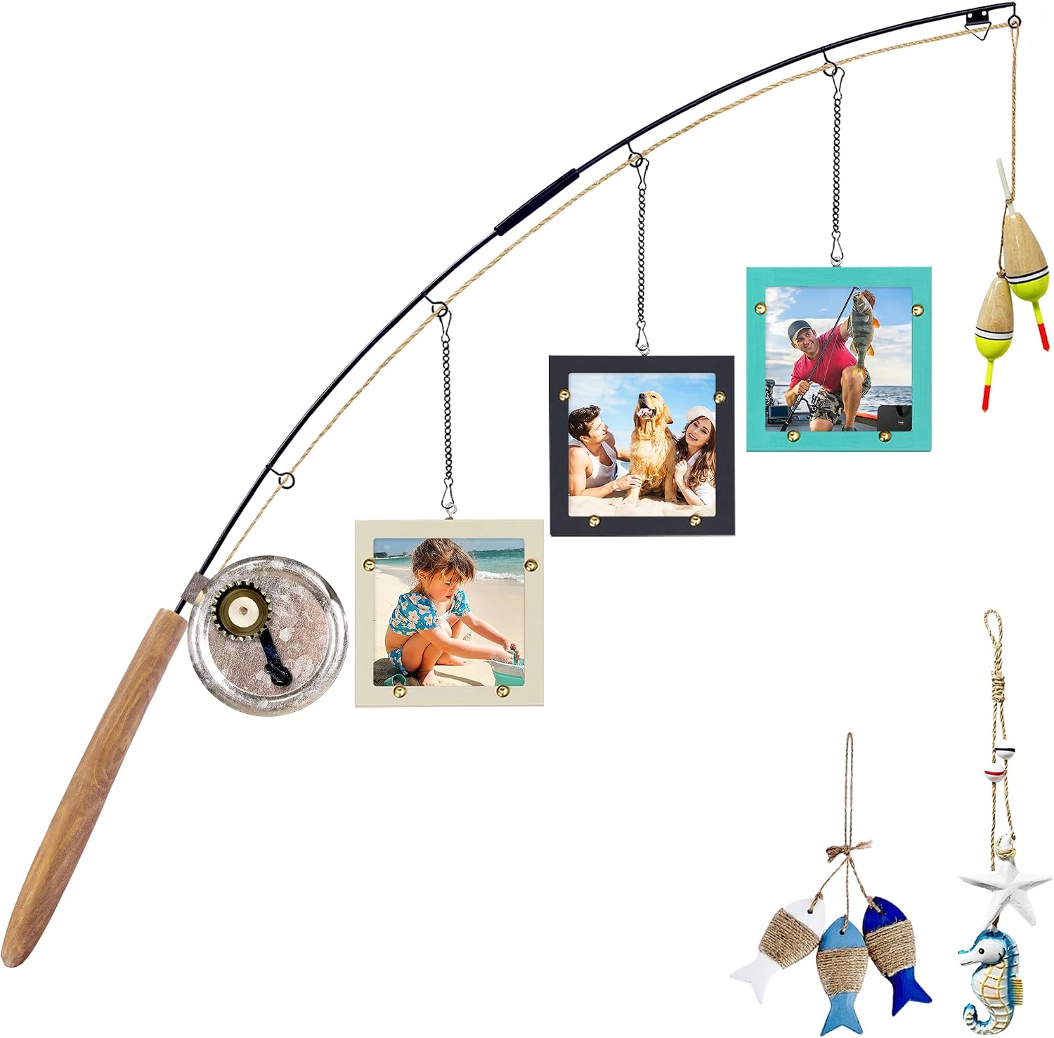 Wood Fishing Pole Picture Frame Three 4x4’’ Picture-Real Fishing Rod Signs Design,Unique Fish Wall Art Decor Lake House Gifts for Fathers Day Men,Farmhouse,Lovers,Fisherman,Boy Room,Hunters(Need Install)