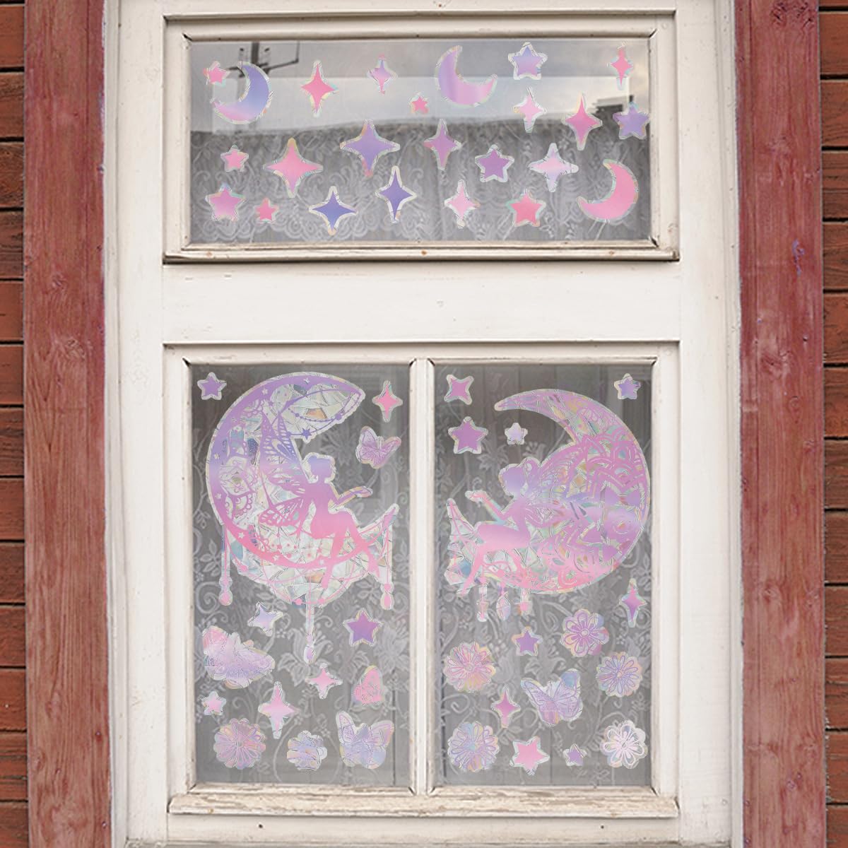 Pegatinas de Apegado Estático de Hada en Dibujos Animados Rosa Luna y Estrella Pegatinas Eléctricas para Ventanas Eliminables para Dormitorios y Salones de Niñas
