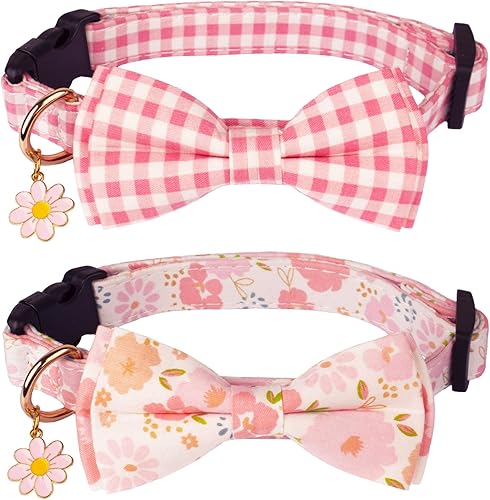 ADOGGYGO Collar de perro con lazo floral rosa, ajustable, a cuadros rosados con corbatín extraíble, collares de flores rosas para mascotas pequeñas,