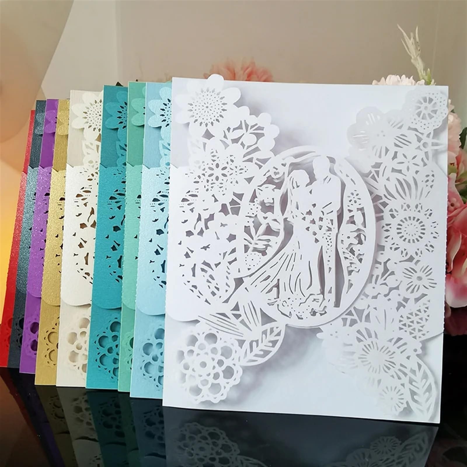 Einladungskarten Hochzeit 50 Stück Hochzeitseinladungskarten for Braut und Bräutigam, Blumen, Tascheneinladung, Grußkarte, Hochzeit, Mariage, Partyzubehör, Dekorationen(Purple Cover,12x14.5cm)