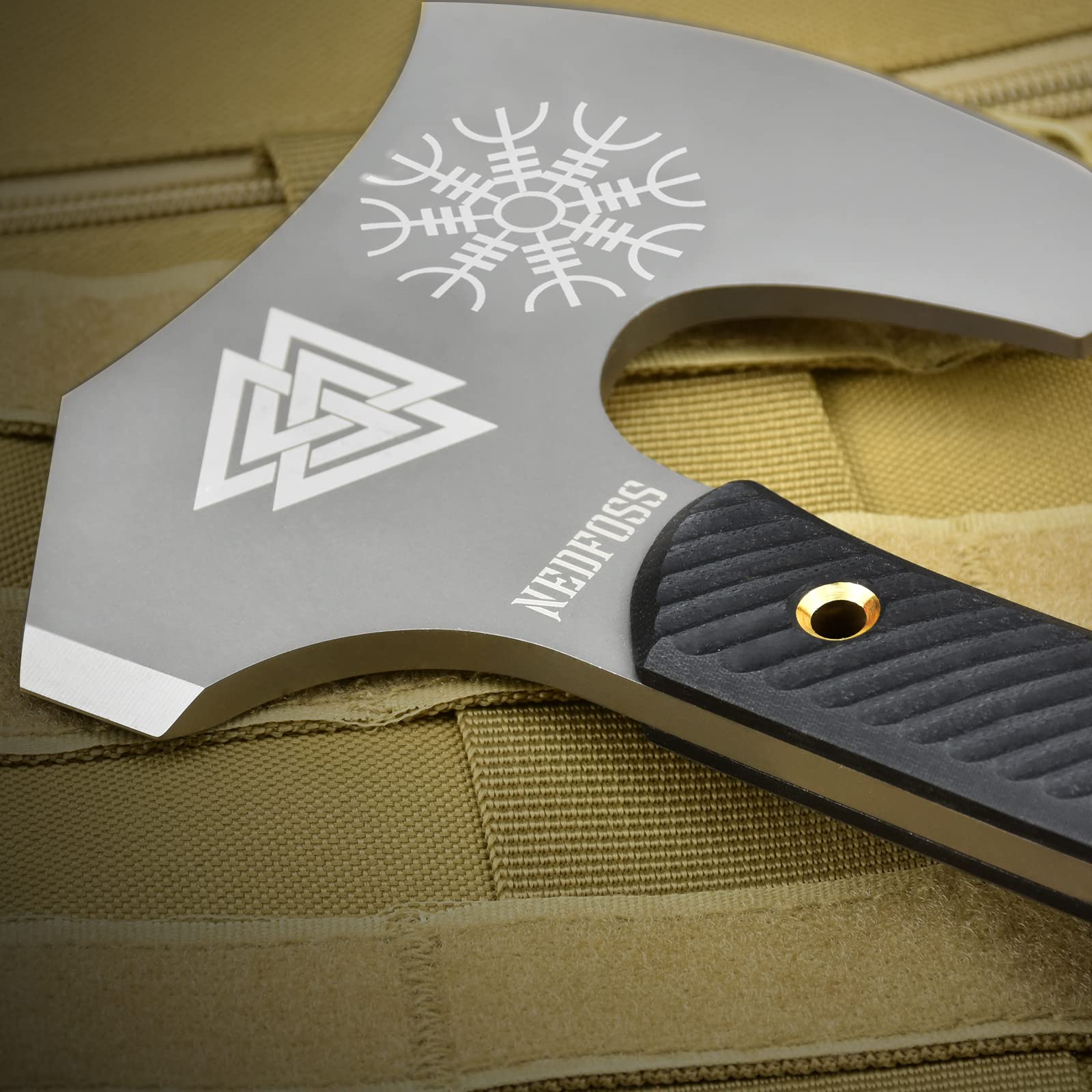 NedFoss Hacha de supervivencia Viking de 31,5 cm con mango G10 y hoja de acero de alto carbono con funda de piel auténtica