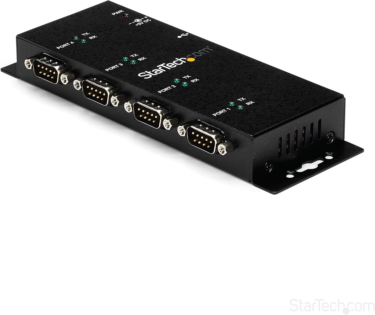StarTech Hub USB a Serie RS232 de 4 Puertos, Industrial, TAA (ICUSB2324I) | Hub adaptador FTDI USB a DB9 RS-232, montaje en riel DIN y pared, retención de puerto COM