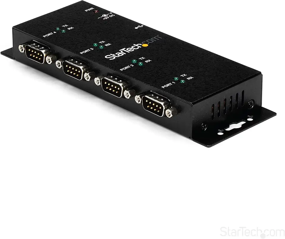 Startech com USB to Serial Adapter Hub – 4 Port – Industrial – Wall Mount – Din Rail – COM Port Retention – FTDI USB Serial | FTDI USB to DB9 RS-232 Adapter Hub, DIN Rail and Wall Mountable, COM Port Retention