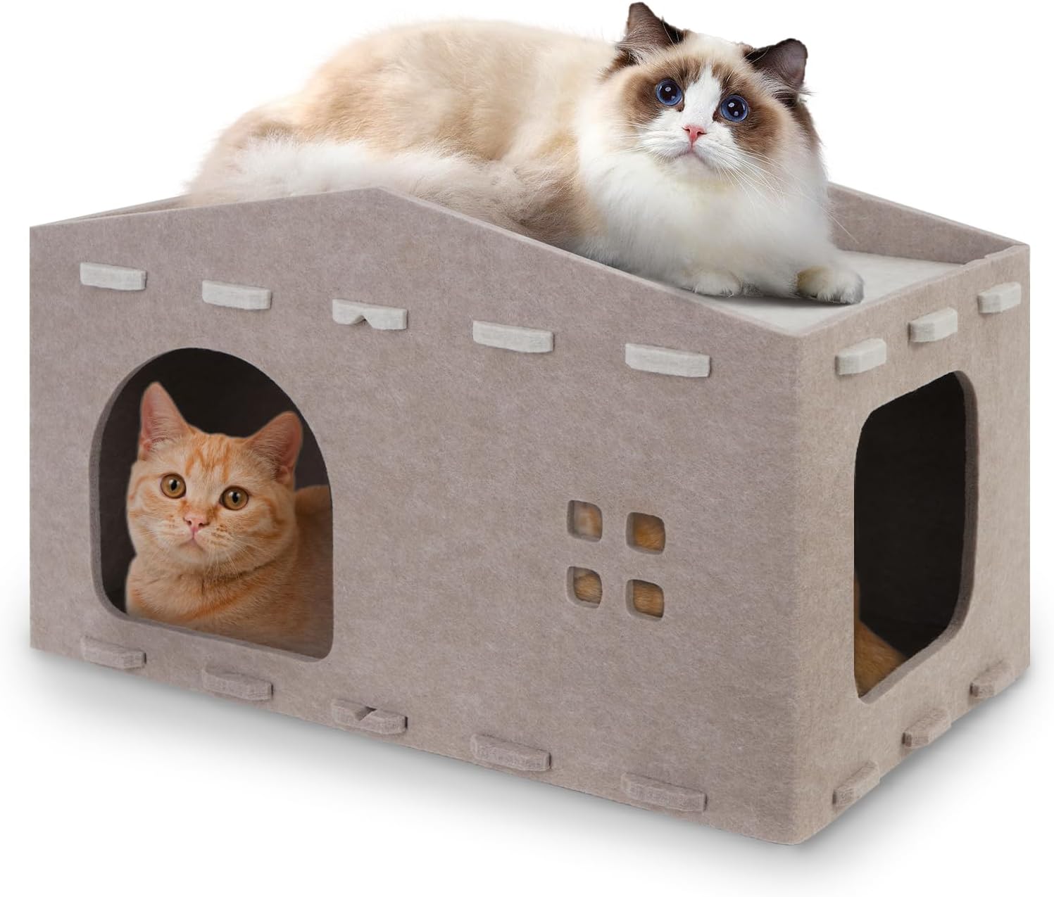 yuyuepetzone Kattenmand, vilt, kattenhuis binnen 2 etages, kattenbed, kattenkasteel, afneembare kattenbak, verstopplaats voor slapen, spelen, verbergen voor 2 katten tot 10 kg, 52 x 32 x 29 cm, beige