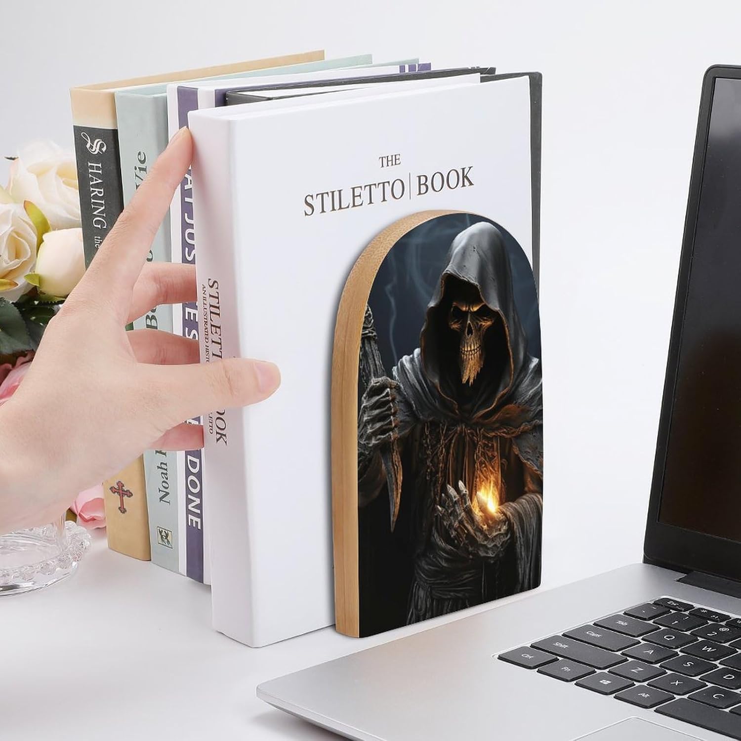 Grim Reaper Book Ends Wooden Bookends Non-Skid Metal Base Heavy Duty Book Shelves Decor, Decorative Bookends for Books/CDs Bookshelf Table Home Decor