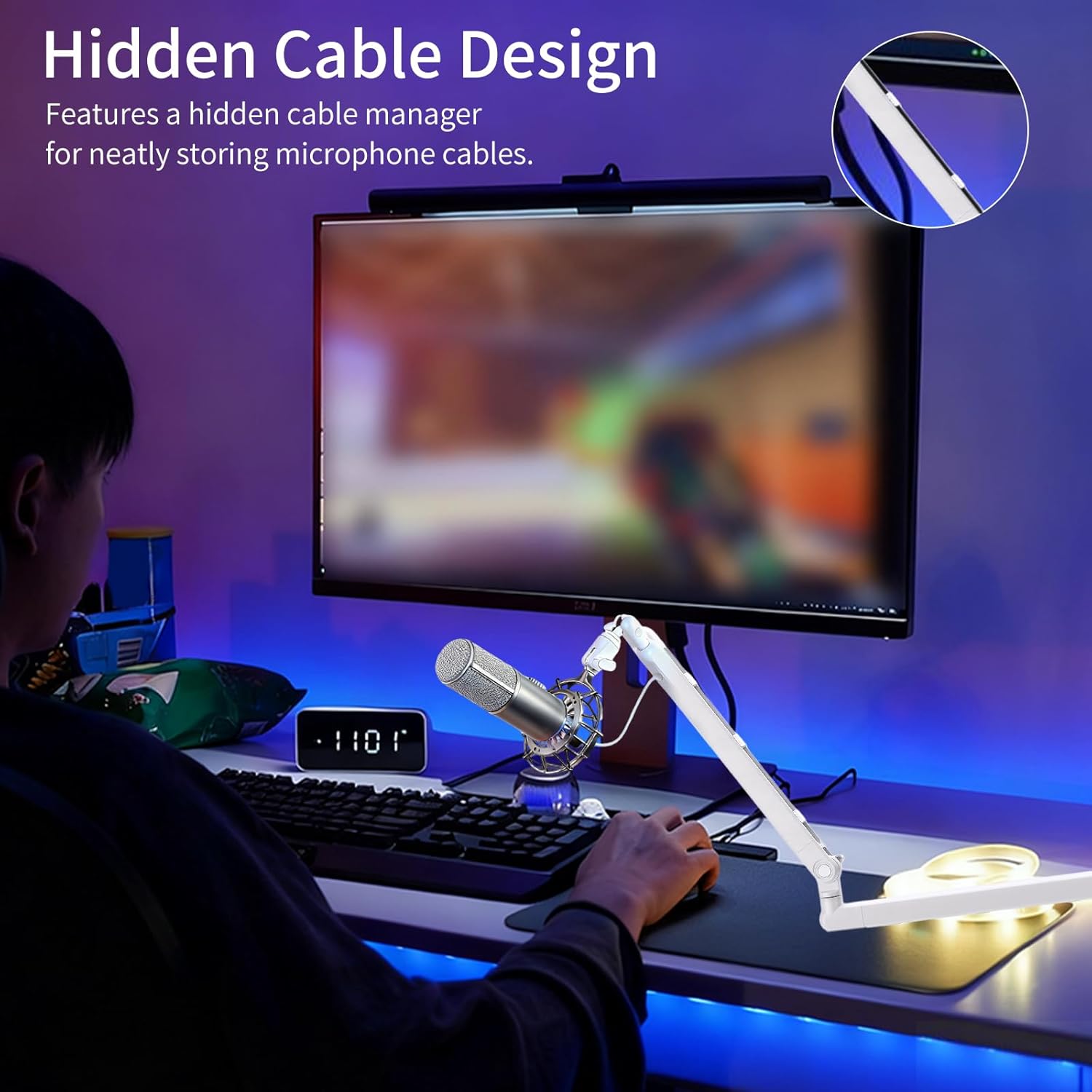 White 360° Rotatable Mic Stand, Microphone Boom Arm, Low Profile Mic Arm, Compatiblewith 3/8" 5/8" 1/4" Screw, for Podcasts Gaming Office Recording (white standard)