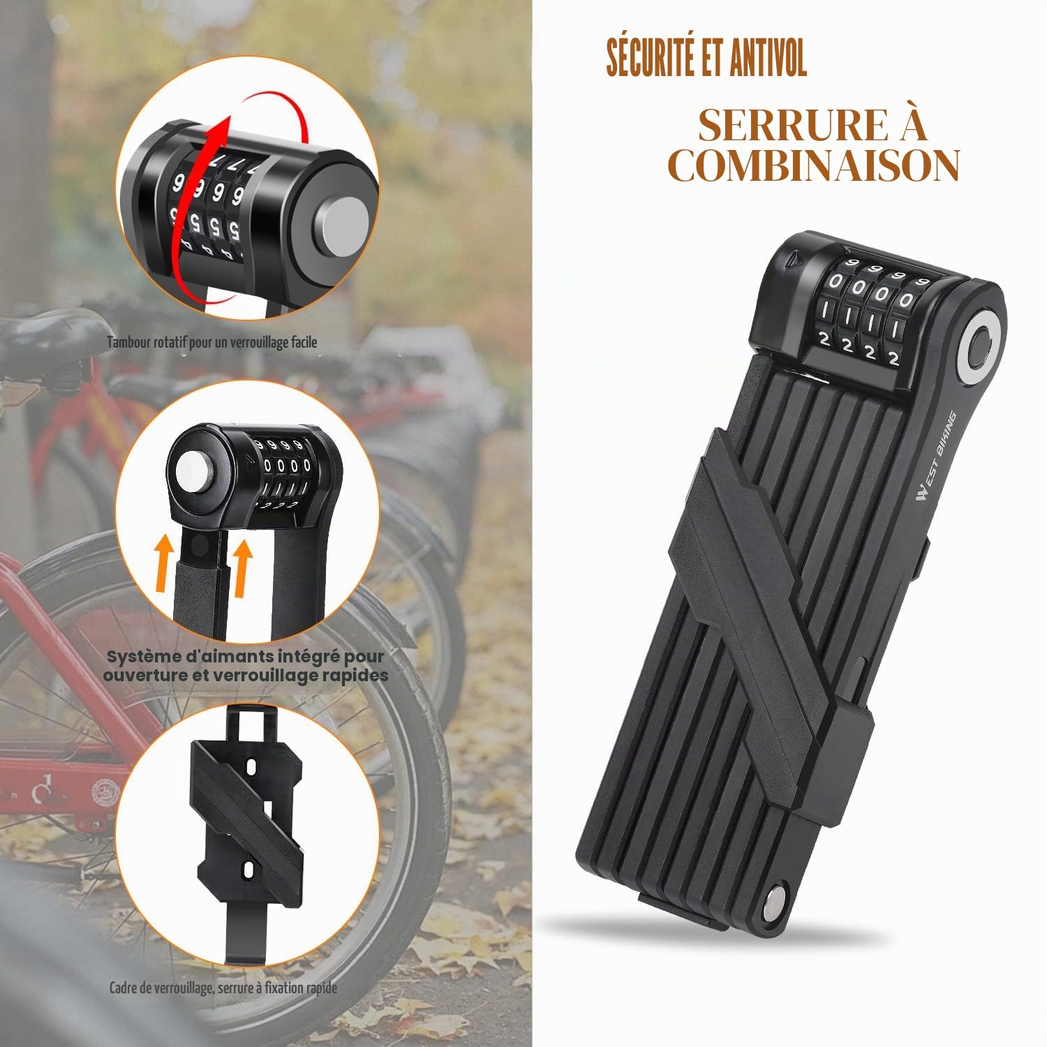 Antivol de vélo, antivol à combinaison, antivol pliable, niveau de sécurité 15, serrure à combinaison, 120 cm avec support