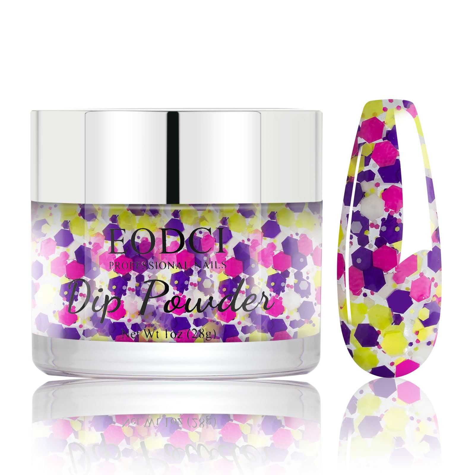 EODCI Dip Powder For Nails - Purple Pink Lime Green Hexagon Sequins - No Lamp Curing - Long Lasting Colors - Nail Art Starter Manicure DIY At Home -