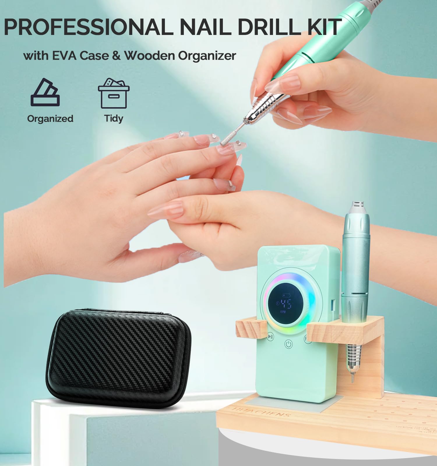 Trapano per unghie portatile da 45000 giri/min, lima elettrica professionale ricaricabile con 2 batterie da 2000 mAh, 13 punte, kit Efile senza fili per unghie in gel acrilico, manicure e pedicure a