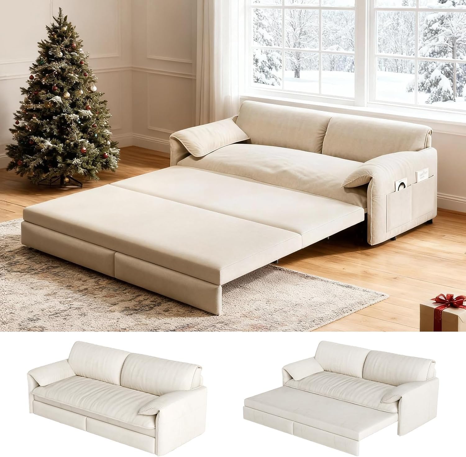 healthomse 66" Queen Size Sleeper Sofa Bed, 3-in-1 Convertible Pull Out Sofa Bed with Side Storage, Modern Velvet Loveseat, for Living Room, Bedroom, Apartment, Office, Lounge (Beige, 66inch)