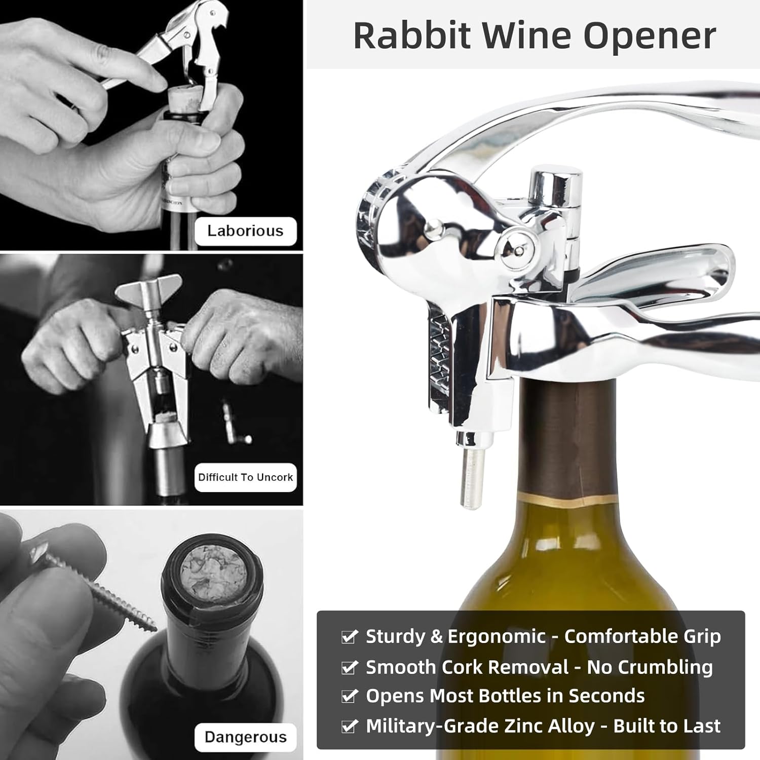 Rabbit Wine Opener Set, Premium 6-Piece Corkscrew Kit with Wooden Gift Box, Includes Foil Cutter, Wine Stopper & Accessories, Easy Cork Removal, Perfect for Wine Lovers (Vintage Silver) - Image 4