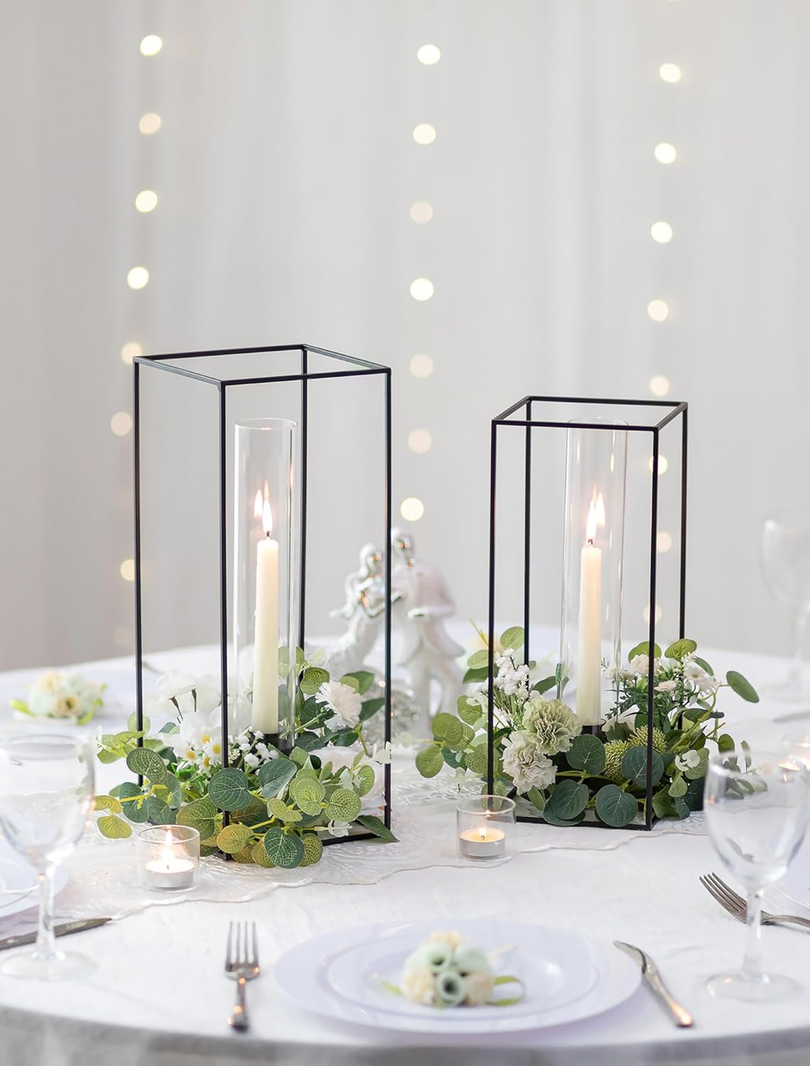 Sziqiqi Hurricane Candlestick Holders Black: Geometric Candle Holder for Taper - Glass Candle Stick Holder for Wedding Minimalist Candleholder Decor for Living Room Outdoor Set of 2