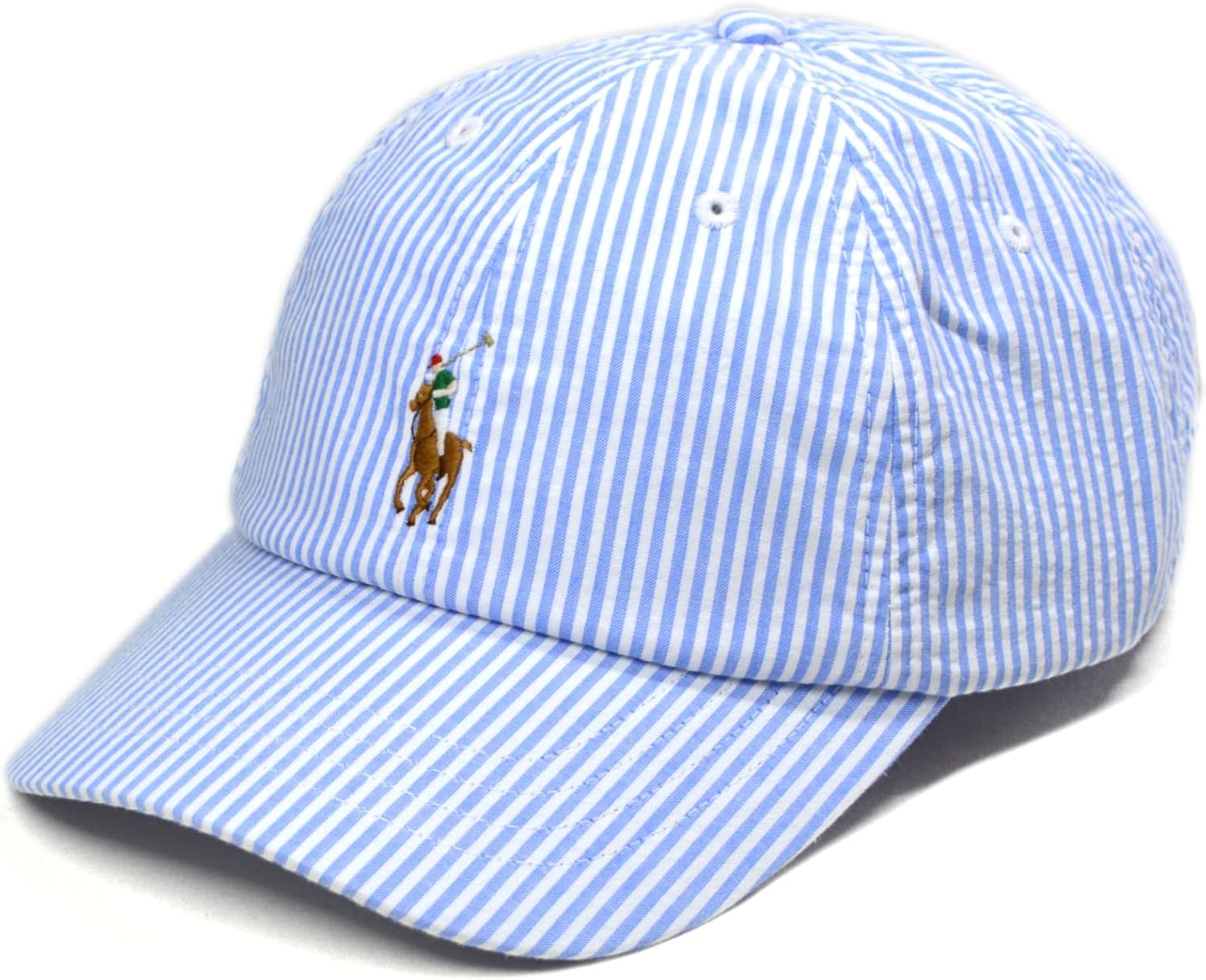 Polo Ralph Lauren Mens Seersucker Cotton Striped Embroidered Adjustable Baseball Dad Hat Cap, (Blue, One Size)