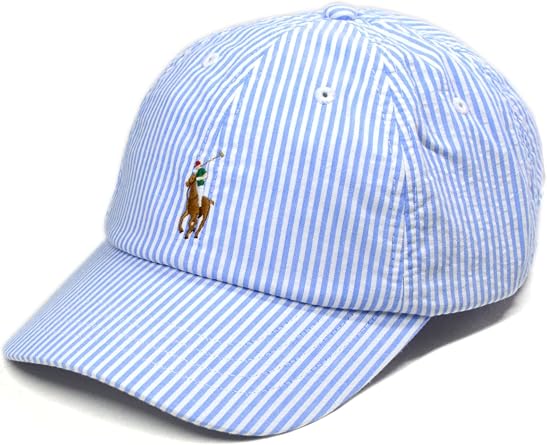 Polo Ralph Lauren Mens Seersucker Cotton Striped Embroidered Adjustable Baseball Dad Hat Cap, Blue, One Size