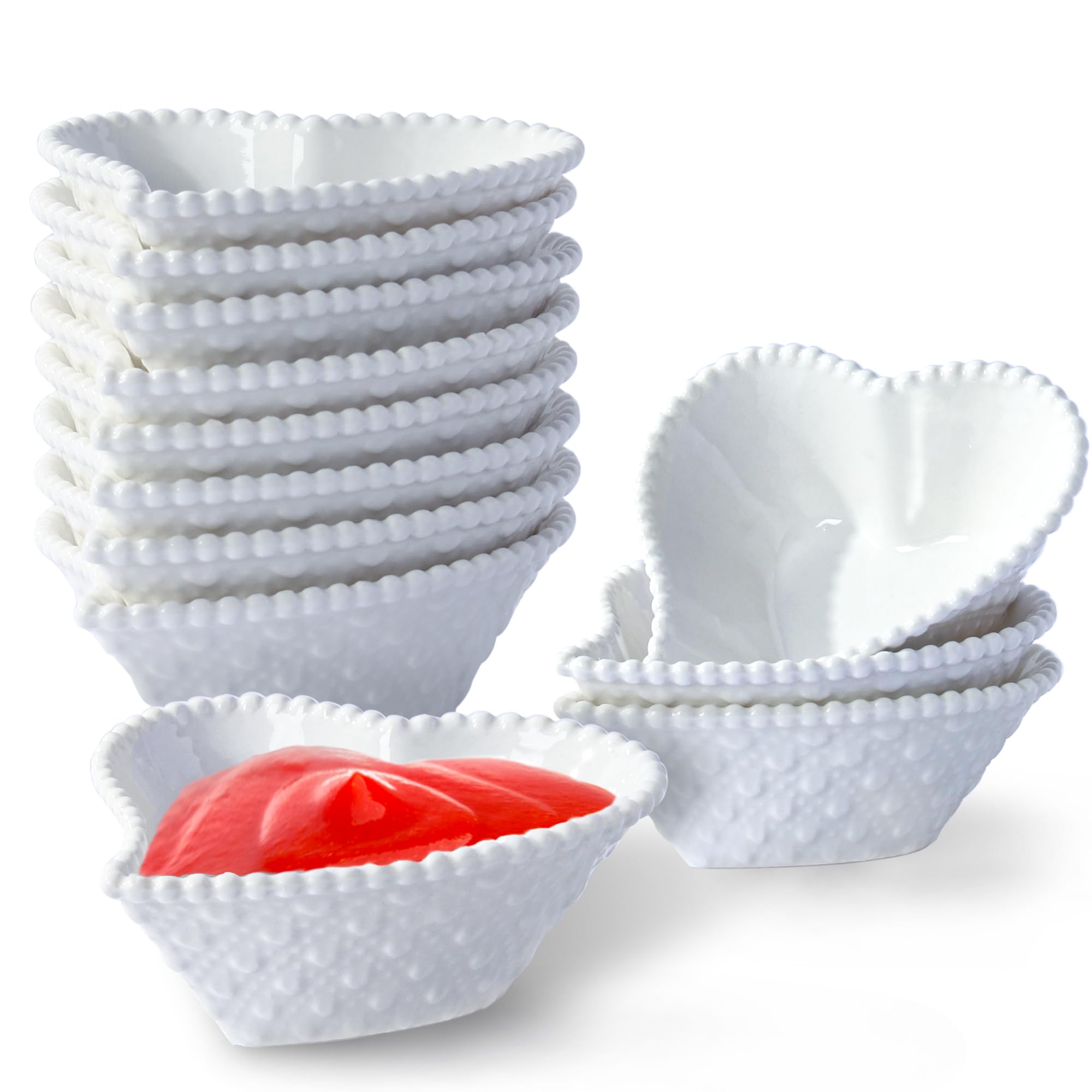 UIBFCWN 12 Pack Ceramic Mini Dipping Bowls, 3 inch Soy Sauce Dish Set, 1.7 oz Heart Shaped Small Dip Bowl for Side Dish, Multipurpose Serving Bowls for Ketchup, Sushi
