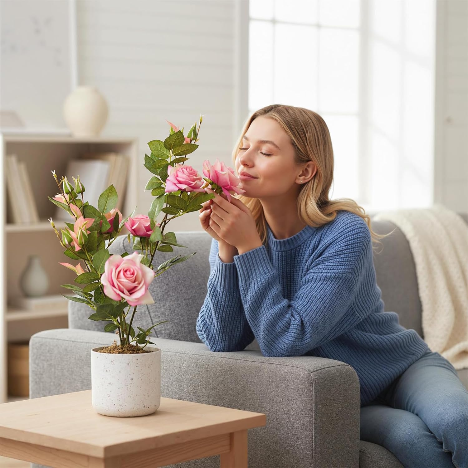 Garvee 2 Pack Fake Flowers in Vase, 21.3" Stunning Fake Plants with 13 Silk-Like Rose Blooms, Artificial Flowers Arrangement for Indoor & Outdoor Decor, Living Room, Centerpiece, Porch, Pink