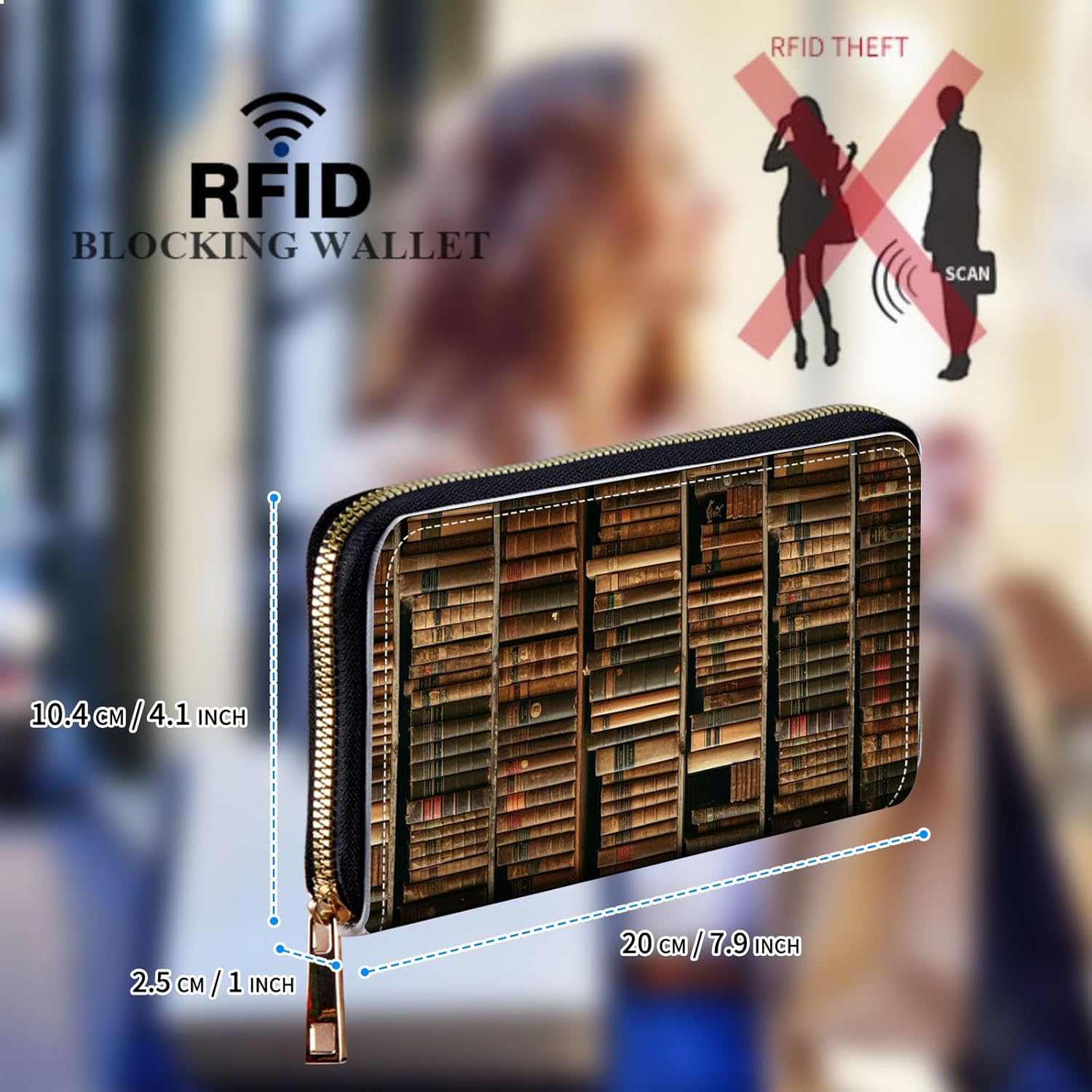 Womens Wallet, Large Capacity RFID Blocking PU Leather Wristlet Wallets for Women Ladies Men Credit Card Holder Zipper Wallet Phone Holder Clutch Travel Purse, Library Bookshelf - Image 2