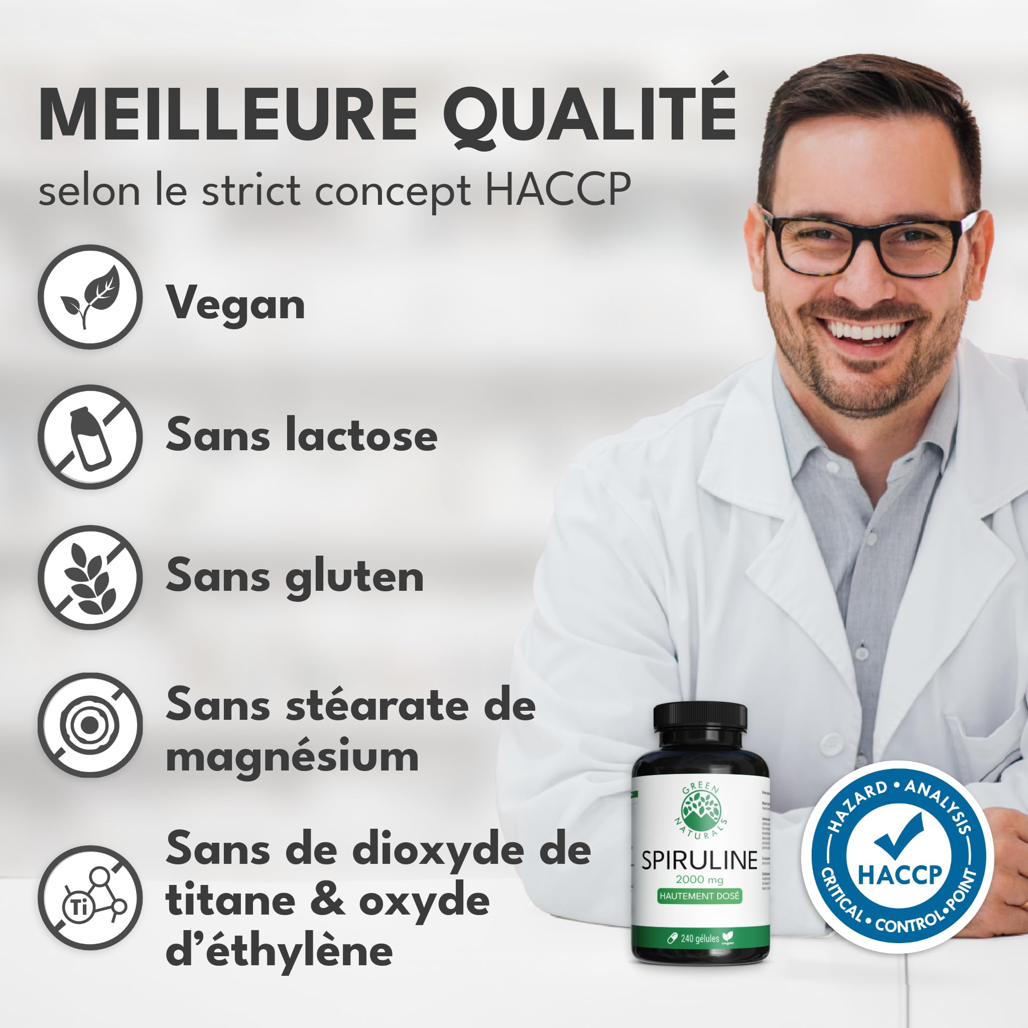 Green Naturals Spiruline 2 000 mg par jour – 240 gélules | Arthrospira platensis · Poudre pure · Vegan · Cure de 2 mois · Testé en laboratoire