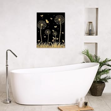 HVEST Dandelion Canvas Wall Art Black and Gold Wall Art for Living Room,Gold Butterfly and Floral Pictures Wall Decor Flower Plant Framed Wall Art Bedroom Bathroom Decor,20L X 16W inches