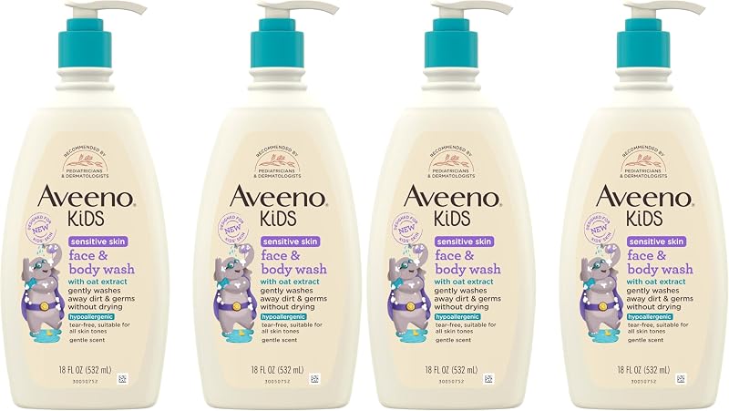 Aveeno Kids Sensitive Skin Face and Body Wash with Oat Extract,Gently Washes Away Dirt and Germs Without Drying,Tear-Free,Hypoallergenic Kids Body Wash,18 fl. oz,(Pack of 4)