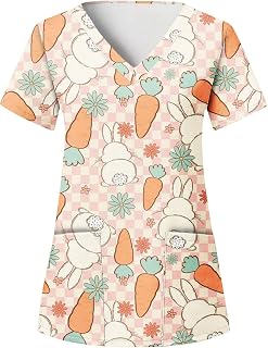 Bourund Workwear Scrubs Women Funny Bunny Printed Easter Scrub Tops Spring Short Sleeve Nurse Uniforms Cute Nursing T-Shirts