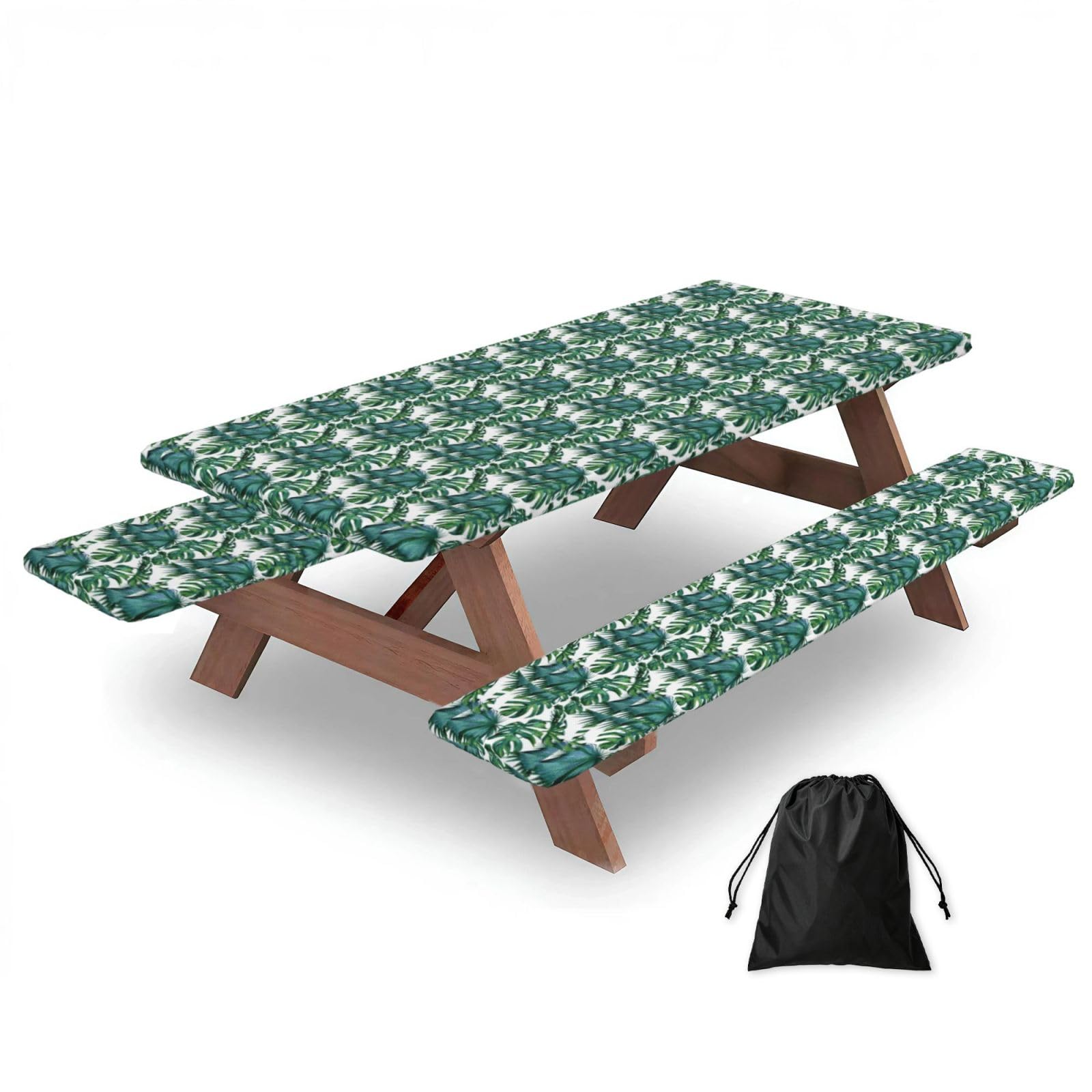 PPHGUT Green Banana Leaves Print Picnic Table Bench Cover Set Outdoor Garden Bbq Protector For Family Camping