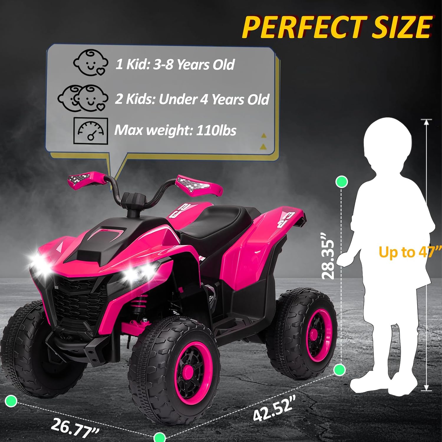 Electric 4 Wheeler for Kids, 24V ATV Quad w/Bluetooth Music, LED Lights & 2-Seater Design, 5 MPH, Oversized Shock Absorbers & Safety Kneepads, Ride on Toy for Boy&Girls, Rosered