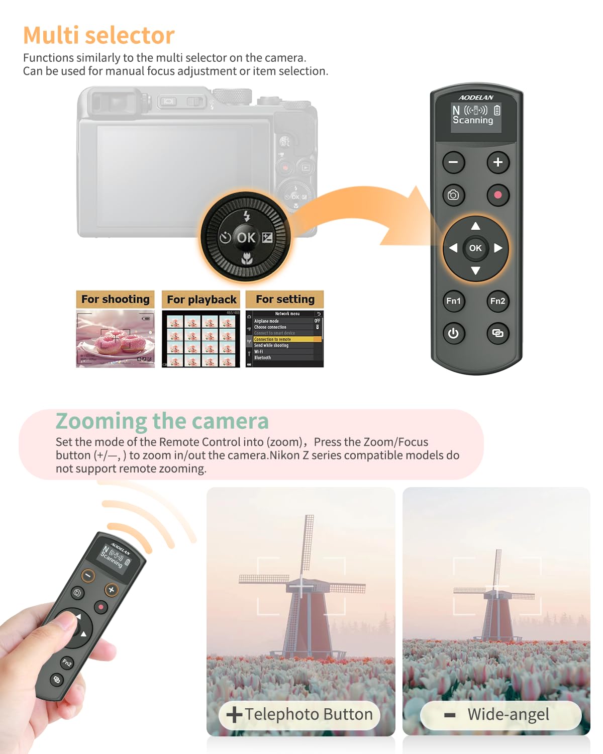 Aodelan - Telecomando per fotocamera senza fili Nikon, con pulsante di scatto ricaricabile con schermo OLED per Zfc, Z50, P1000, A1000, P950, B600; sostituisce Nikon ML-L7 (nero)