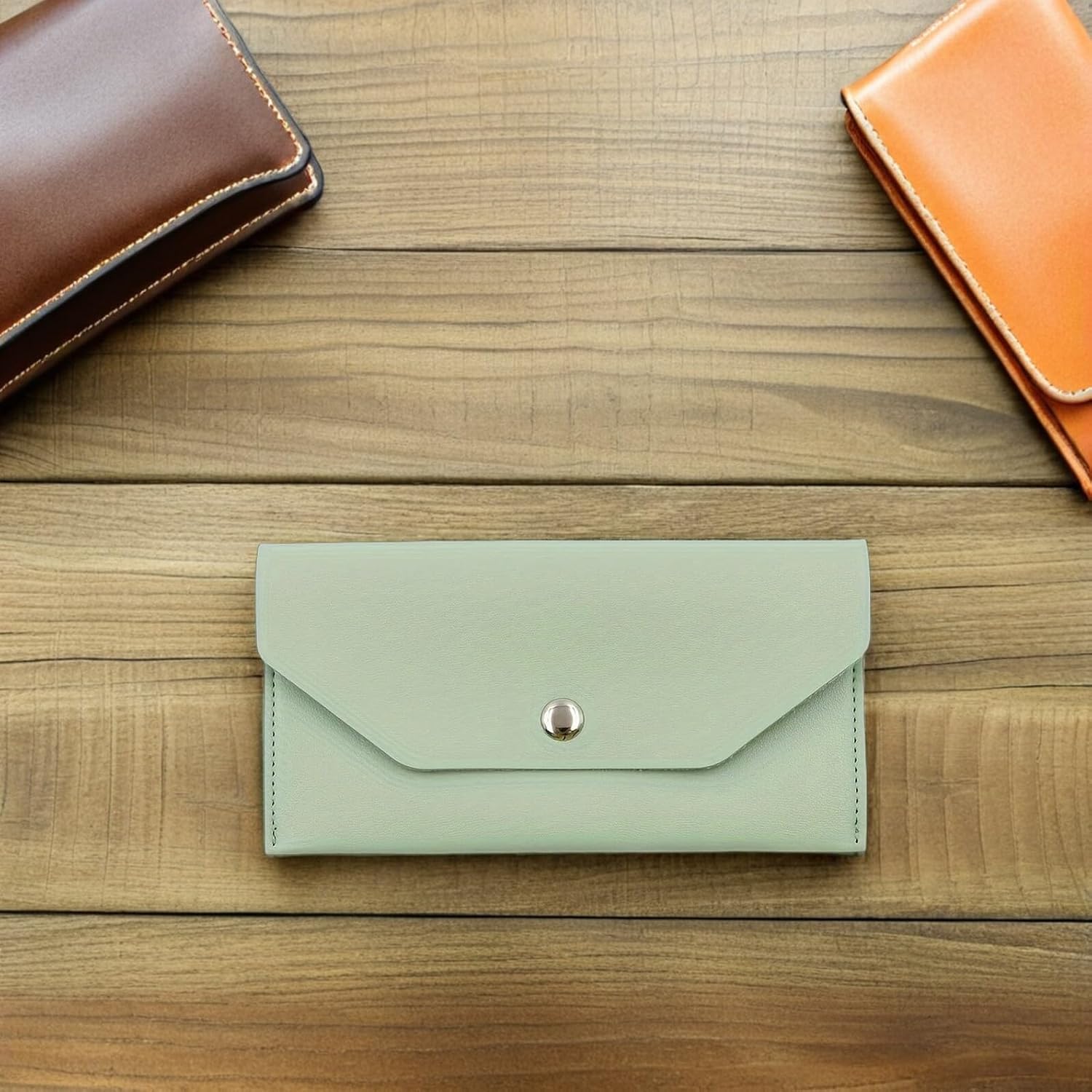 FRCOLOR 3pcs Green Pu Leather Wallet for Women – Long Cash Organizer Purse with Money Management Envelope, Small Change Purse Set for Everyday Use
