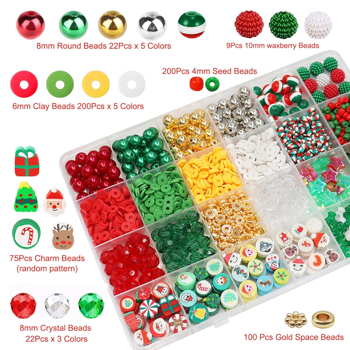 Ganepwns Christmas Beads for Bracelet Making Kit Clay Beads Green Red Star Beading Set for Jewelry Making DIY Craft Girls Friendship Gifts - Image 2