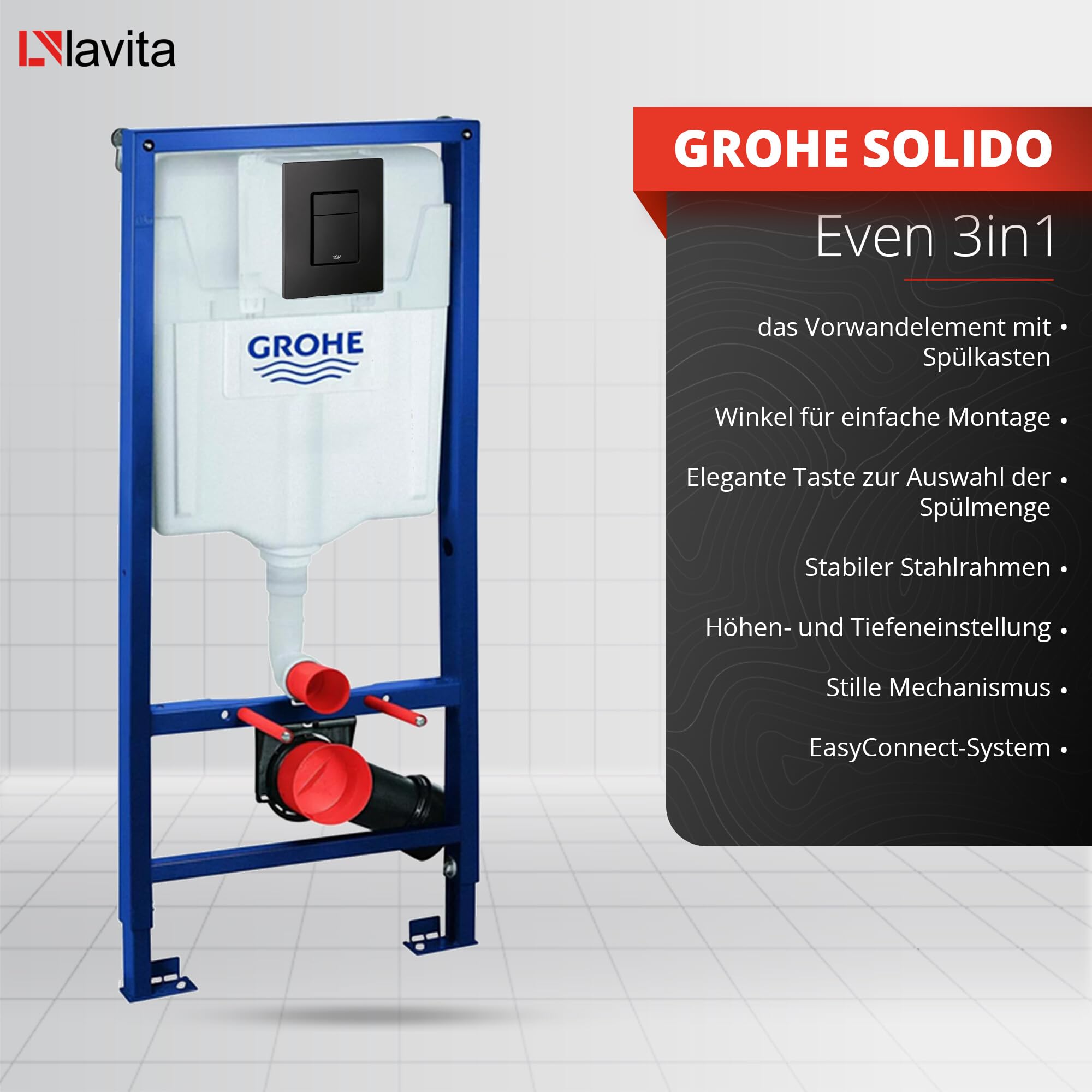 LAVITA | Elemento de pared Solido + pared colgante WC Brava blanco sin borde + asiento de inodoro SoftClose | Botón negro | Juego completo | cisterna empotrada | inodoro completo