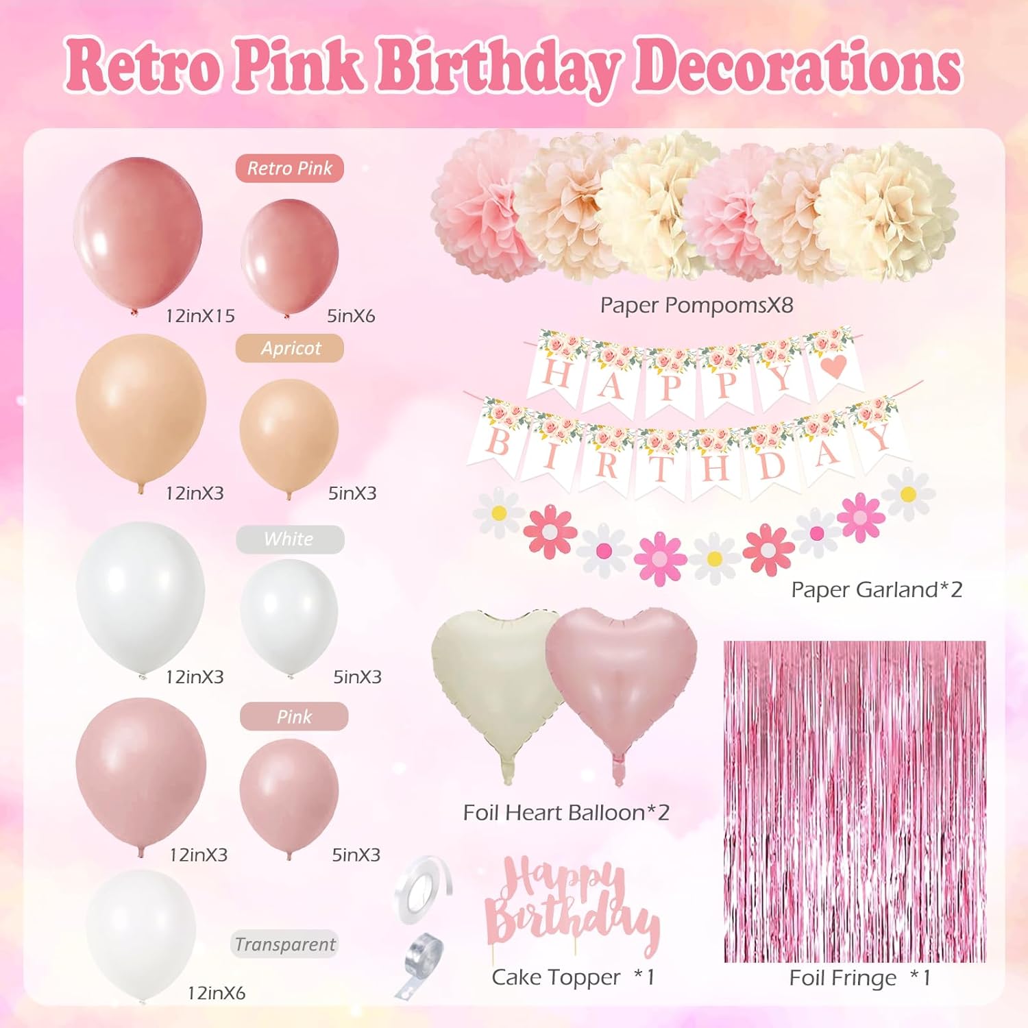 Retro Pink Birthday Decorations for Women, Boho Happy Birthday Party Decorations, Flower Happy Birthday Banner, Pink Fringe Curtain, Daisy Banner Decorations for Party - Image 2