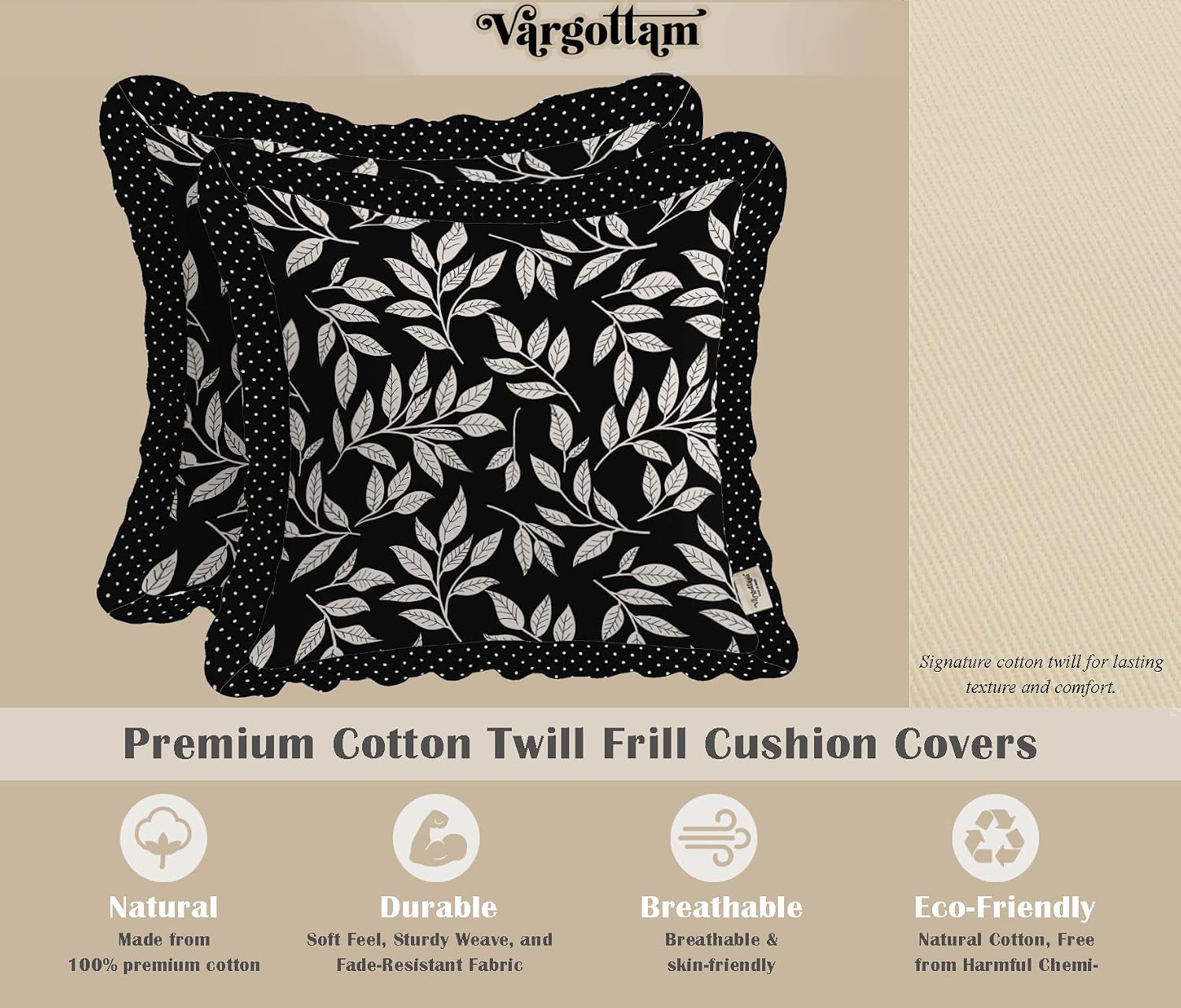 Throw Pillow Covers Set of 2-100% Cotton Twill, Frilled Edge, Double Sided Print, 16 x 16 Inch Decorative Cushion Covers, Hidden Zip, No Filler - Leaves Print