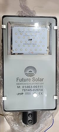 Future Solar Semi-Integrated Domestic Led street light * Solar Semi-Integrated 9 Watt Street Light * Solar Module 40/45WP * Battery 6AH *Driver 85% * Water Proof IP>65 Lumens >110lm/w * Intelligent dimming * Battery Charging and battery lowindication * Auto duck to dawn Operation * two night Backup on fully Charged *Over Charging Protection, deep Discharge Protection * Certifcations: 9001:2015:NSIC, MSME