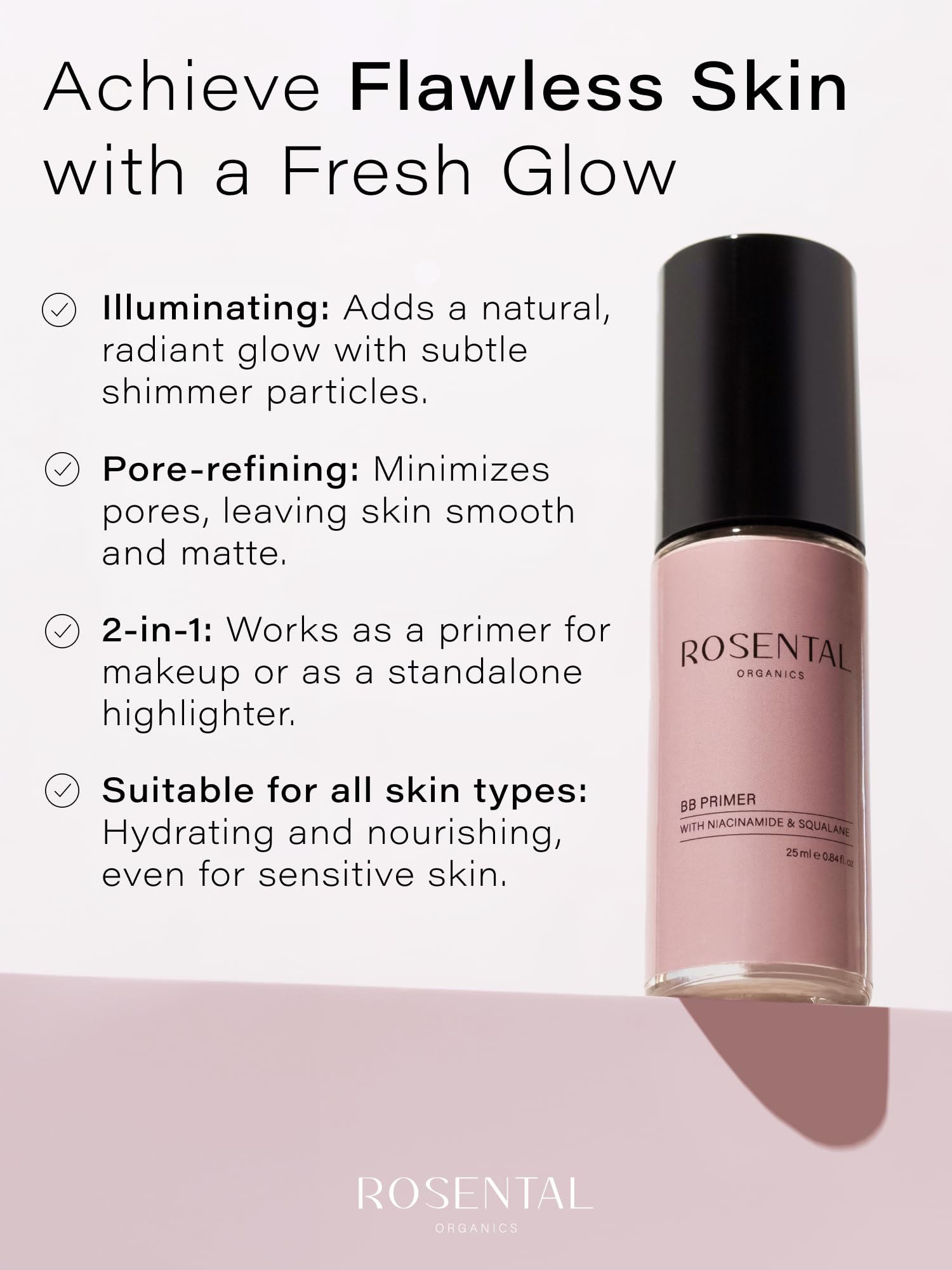 ROSENTAL ORGANICS BB Primer (25 ml) wygładzający pory – Glow Finish – podkład do makijażu – przeciw zaczerwienieniom – nawilżający – 100% naturalny kosmetyk – Made in Germany
