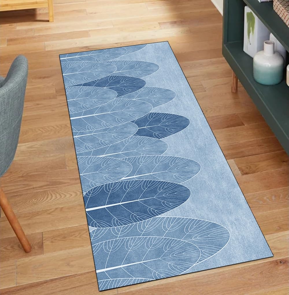 Alfombra antideslizante azul de pasillo y cocina con textura vintage lavable