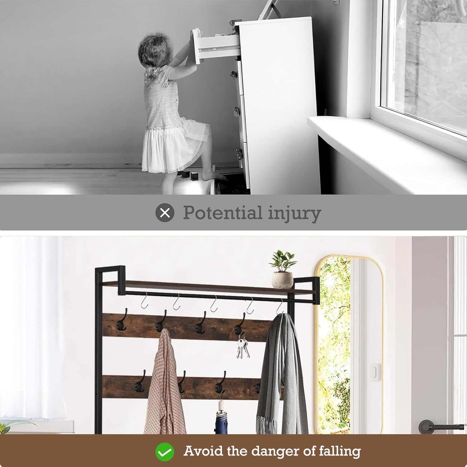 Entryway Hall Tree with Bench, 4-in-1 Freestanding Wooden Coat Rack with Shoe Bench, 3-Tier Storage Shelf and 14 Hooks for Hallway, Small Spaces, Bedroom