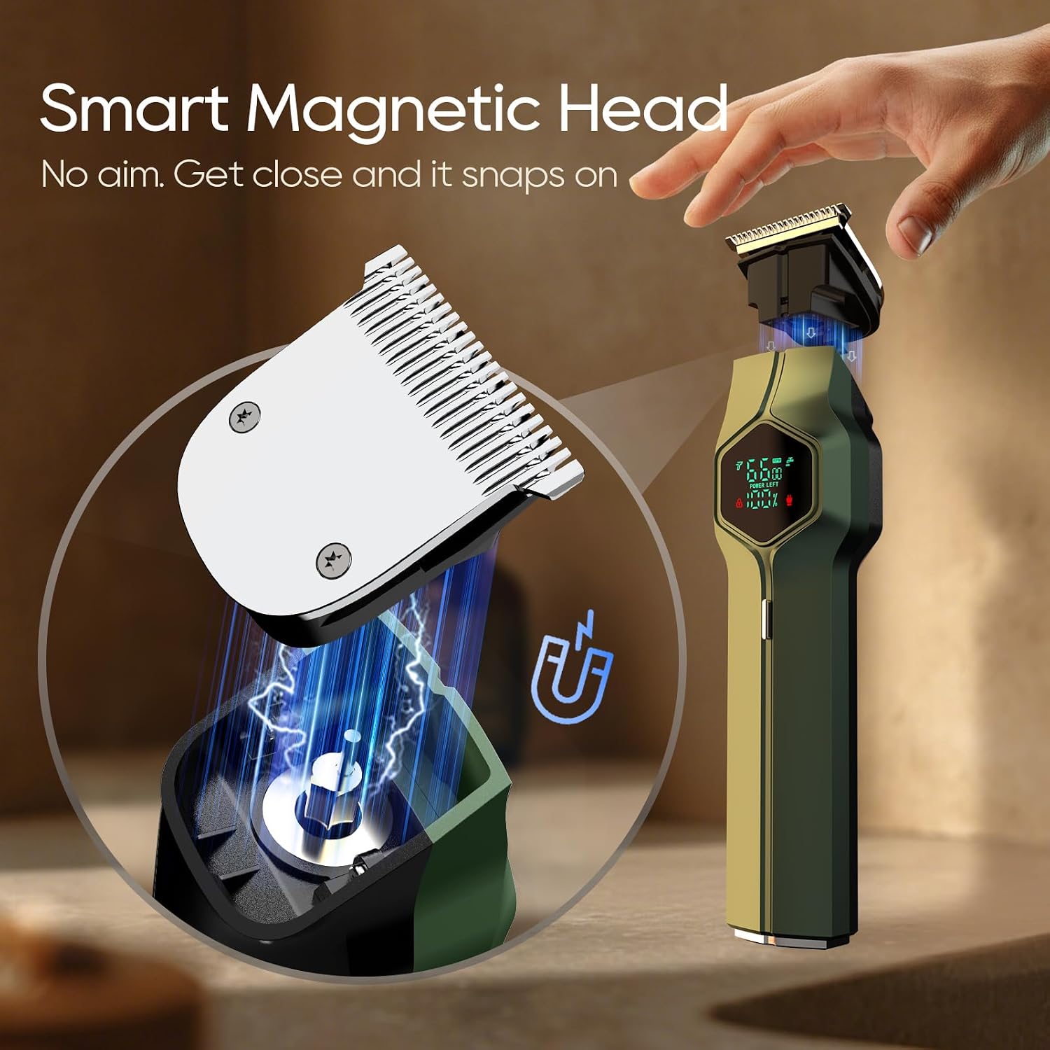 Beard Trimmer for Men, Magnetic Snap-on Replacement Heads, Green image 2
