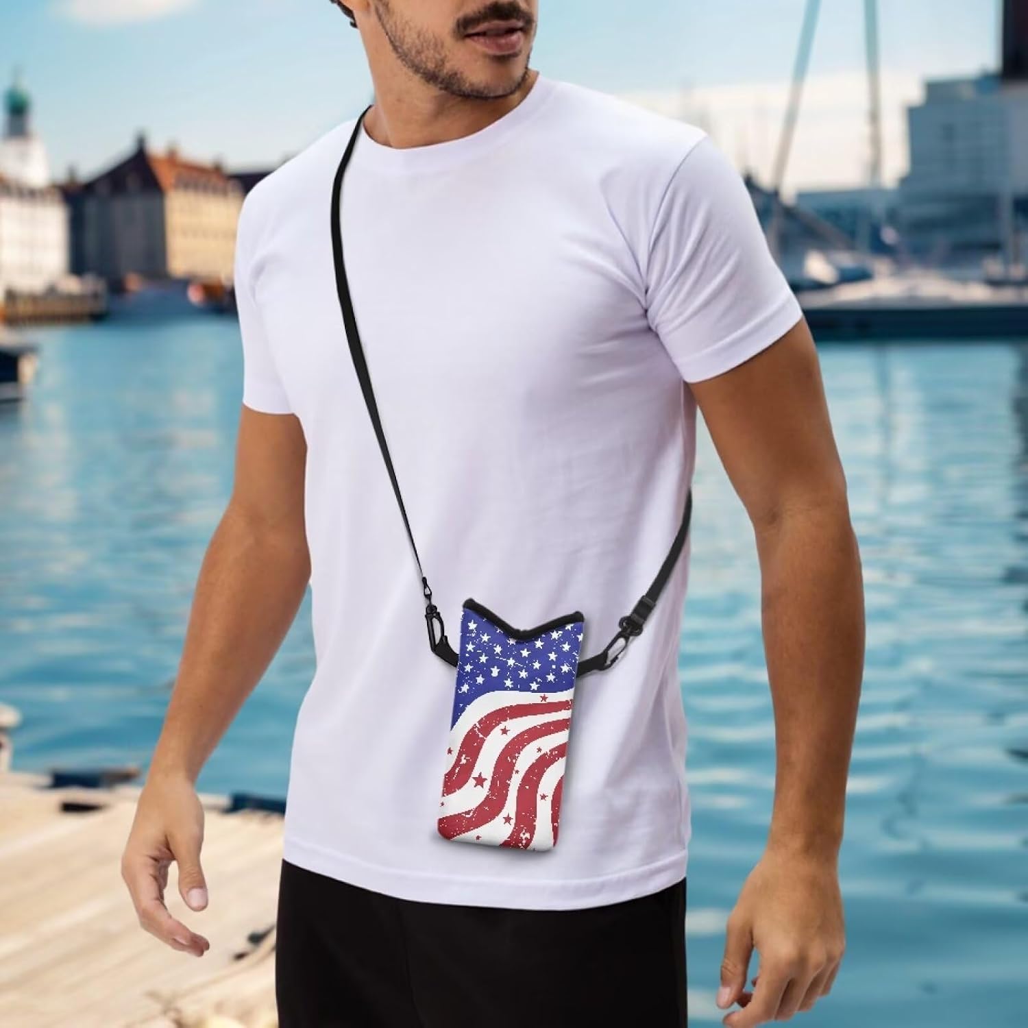 Suobstales American Flag Print Neoprene Phone Sleeve for Women Men, 4th of July Lightweight Cell Phone Pouch Case Bag with Crossbody Strap/Neck Lanyard for iPhone Samsung, 8 X 4 inch
