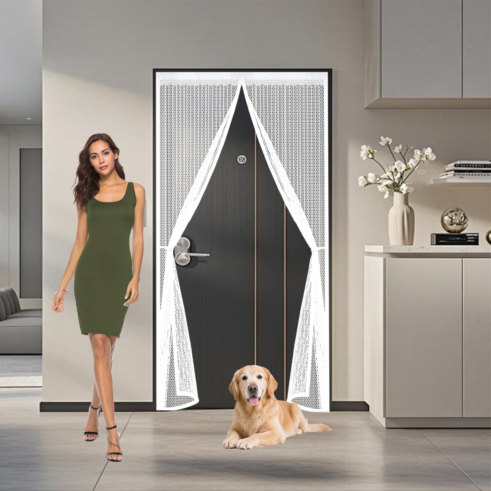 Qenhyun White Fly Screen Door 205 X 290 Cm Keep Bugs Out, Full Frame Magic Tape, Powerful Magnets, Self Sealing, No Drill Installation, Door Fly Screen Curtain For Balcony Bedroom Doors,