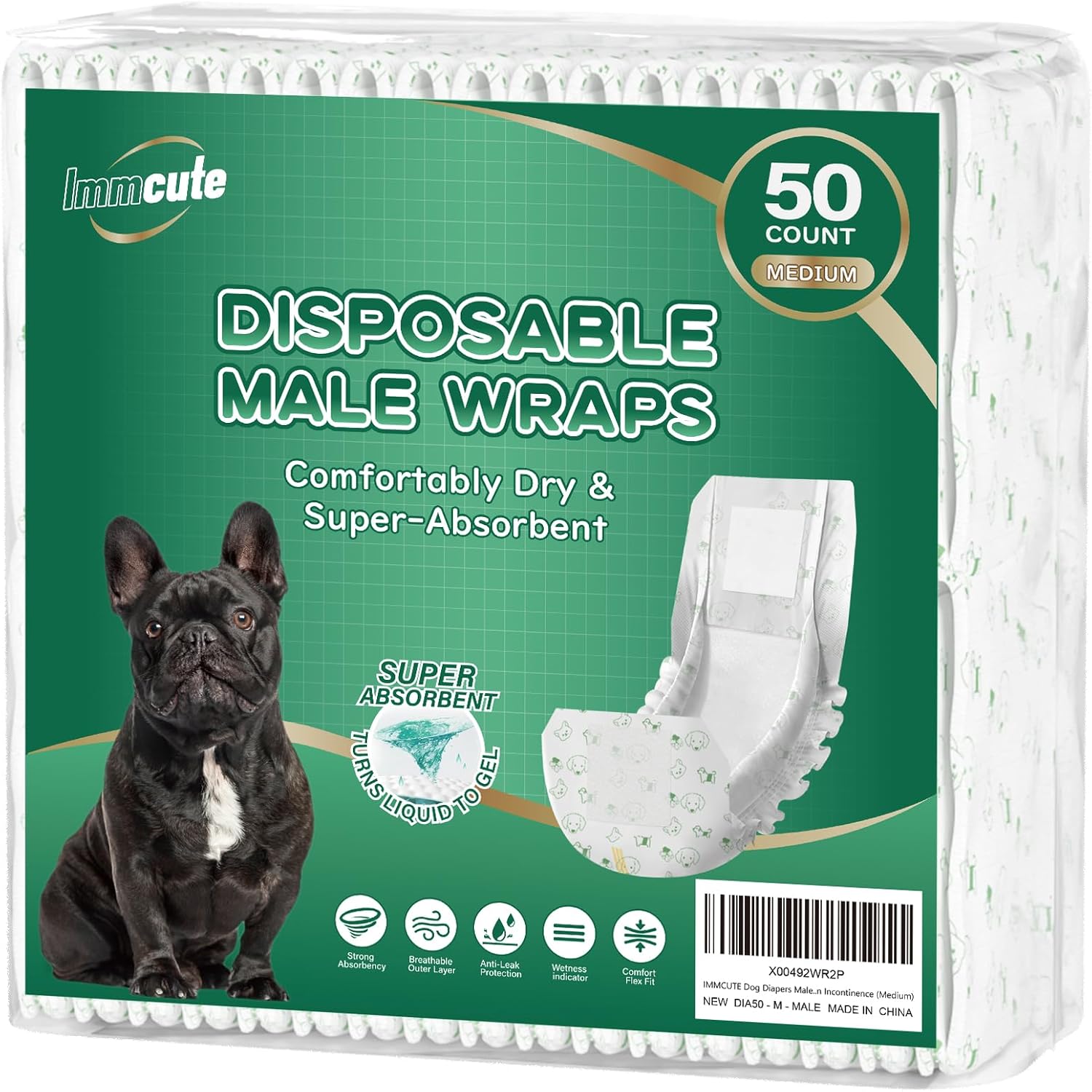 IMMCUTE Male Dog Wraps 50 Ct, Medium Size, Male Dog Diapers Disposable, Super Absorbent Leak-Proof Doggy Diapers,Belly Bands for Male Dogs with Wetness Indicator, Ideal for Indoor, Outdoor Medium-50 Count