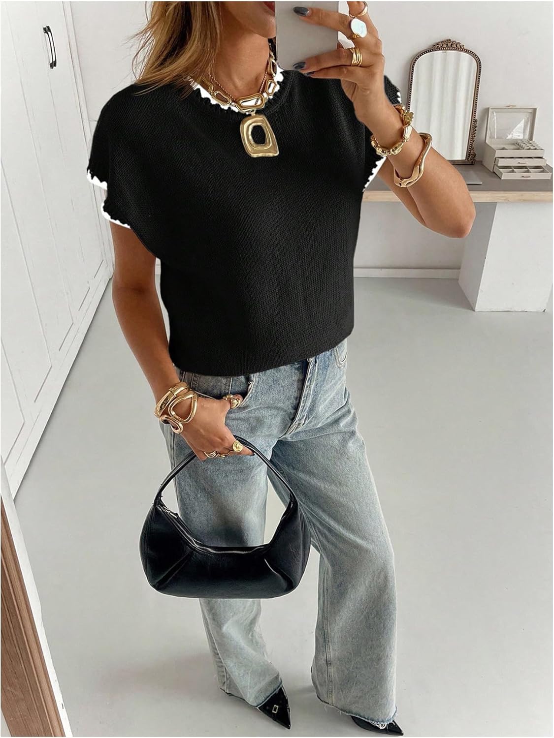 SOLY HUX Women's Short Sleeve Sweater 3D Floral Sweaters Pullover Tank Tops Knit Vest Trendy Fashion Clothing Black White Medium - Image 5