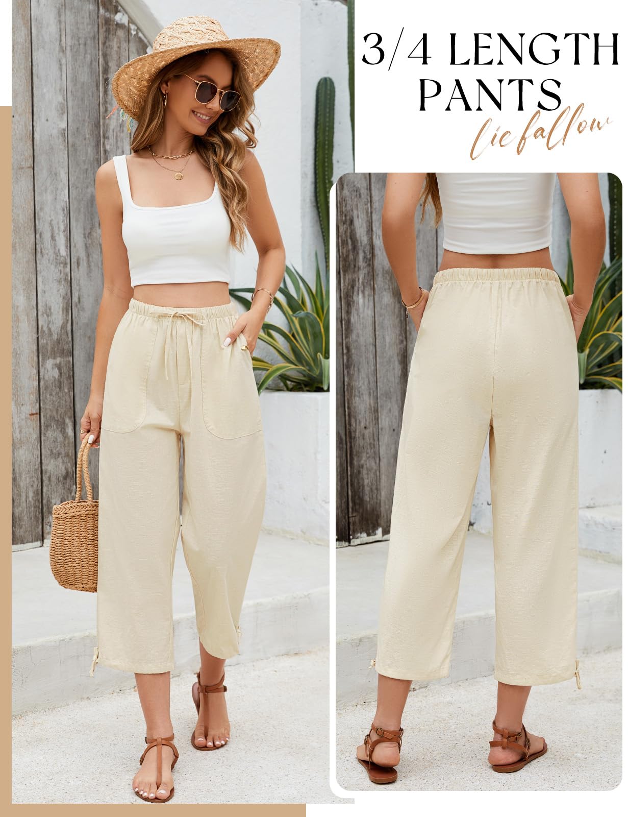 Pantalones Mujer Verano Lino Algodón 3/4 Cordón Bolsillos Flojo Playa Anchos Ligeros